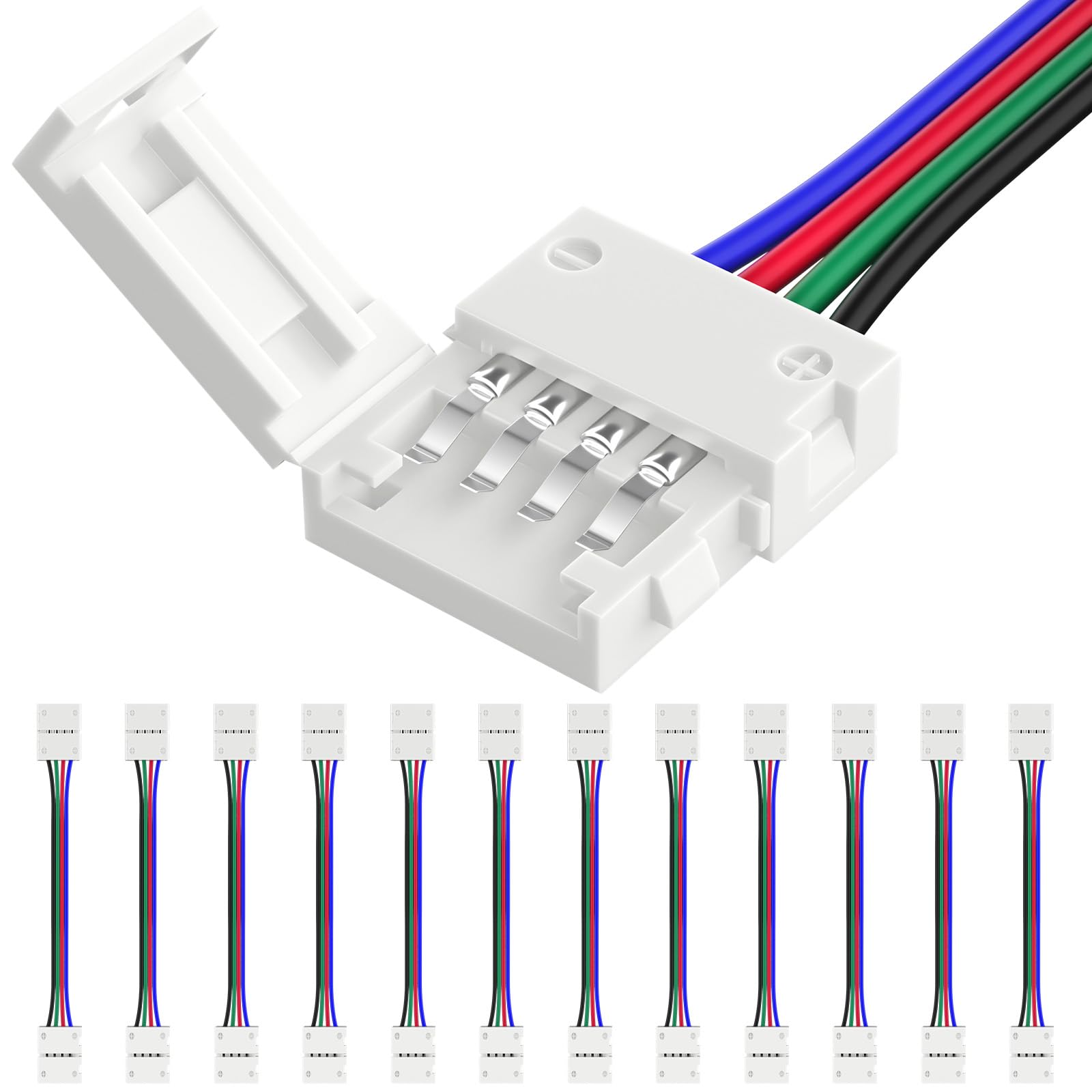 HitLights 12 Pack RGB LED Strip Connectors, 10mm 4 Pin, 6 Inch Solderless, Plastic, Model CON-10M-B00A-12PK-FBA