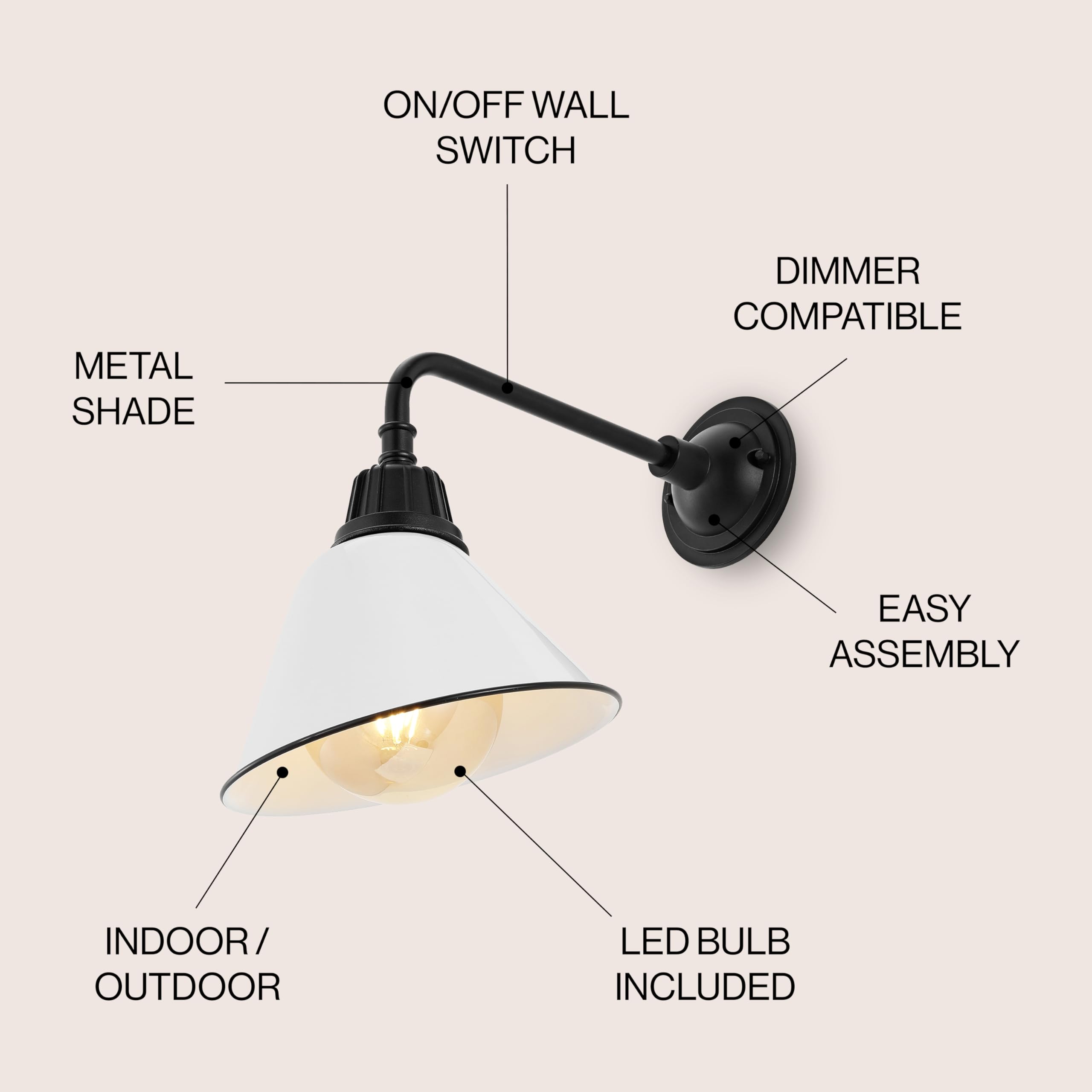JONATHAN Y Croydon 1-Light Outdoor Sconce, Metal, 9.63in, White/Black, Model JYL7612A, Farmhouse Industrial Design