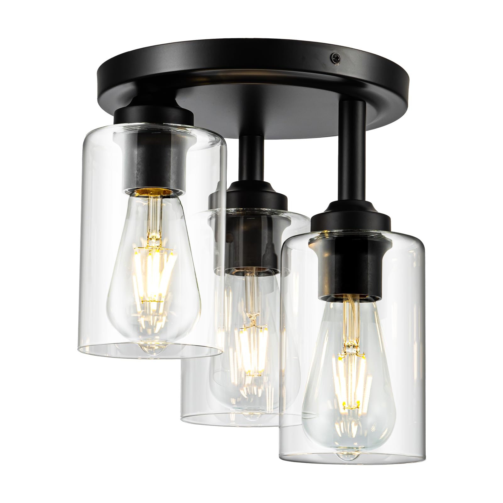 Mayful Semi Flush Mount Ceiling Light, 3-Light Black Fixture With Clear Glass Shade, Cluster Cylinder Design For Kitchen Dining 