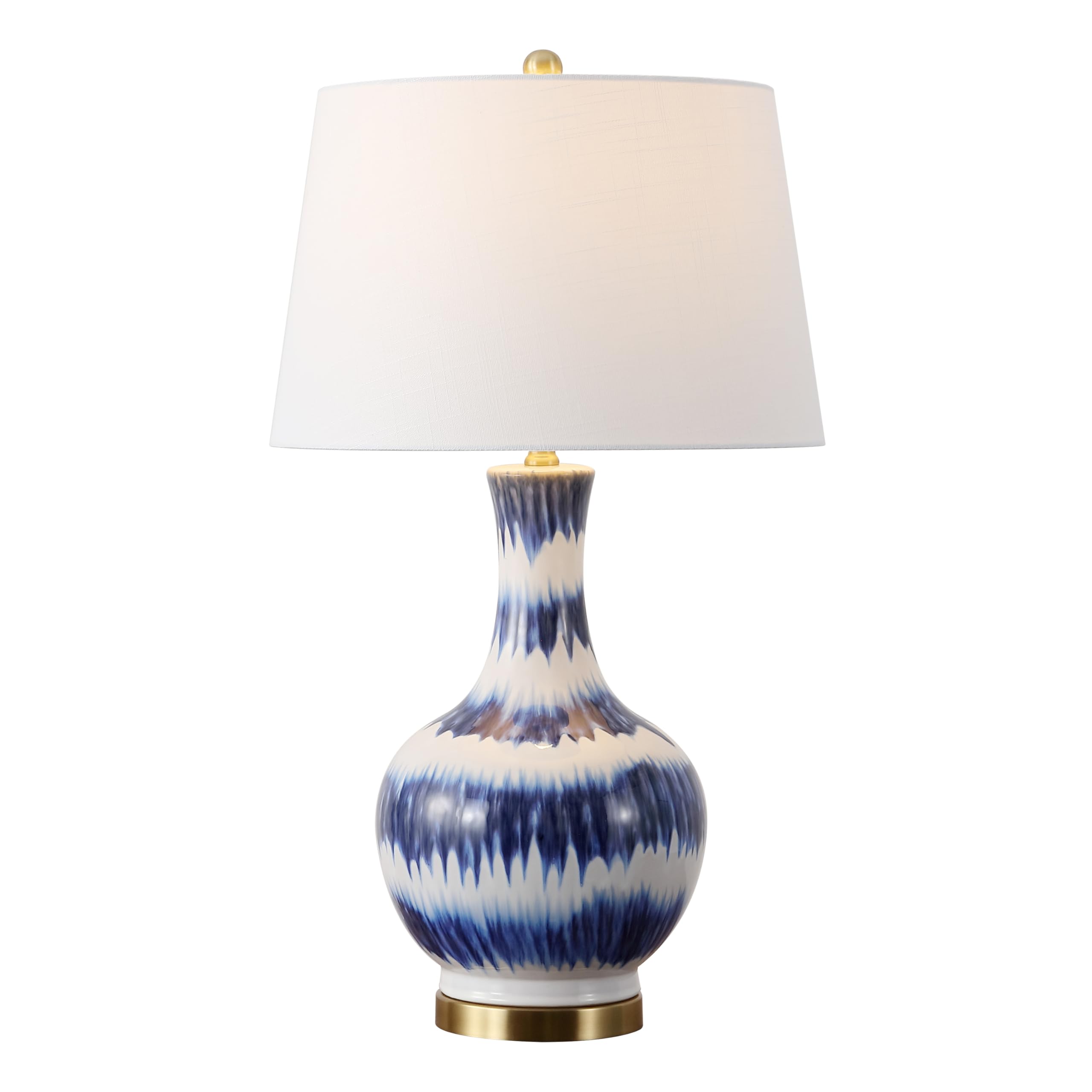 JONATHAN Y 30.5 Blue/White Banded Ceramic Table Lamp for Bedroom Living Room  Modern Coastal Bedside Lamp with Gold Base and White Linen Shade  LED Bulb Included (JYL3054B)