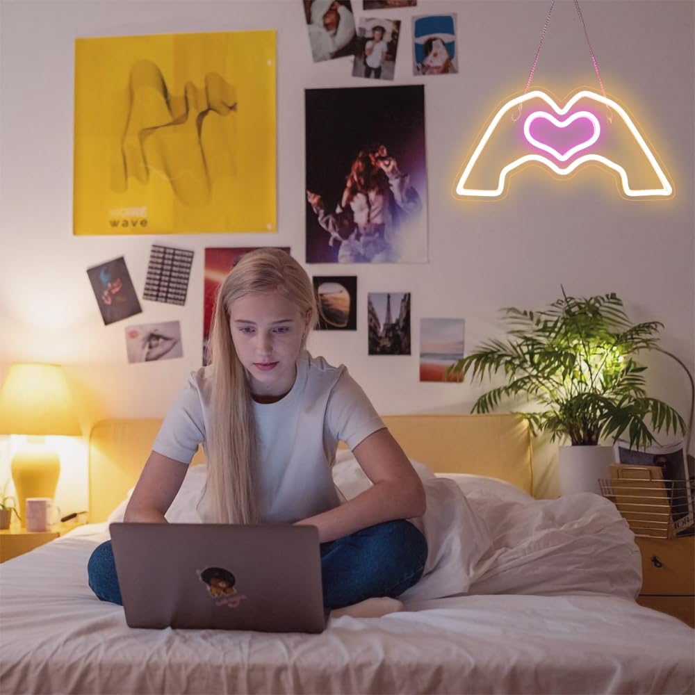 HMASYO Neon Sign - Heart Hands LED Wall Art, Warm White, 15.7 x 7.8 inches, Acrylic, Model 2411A, Perfect for Music Lovers Decor