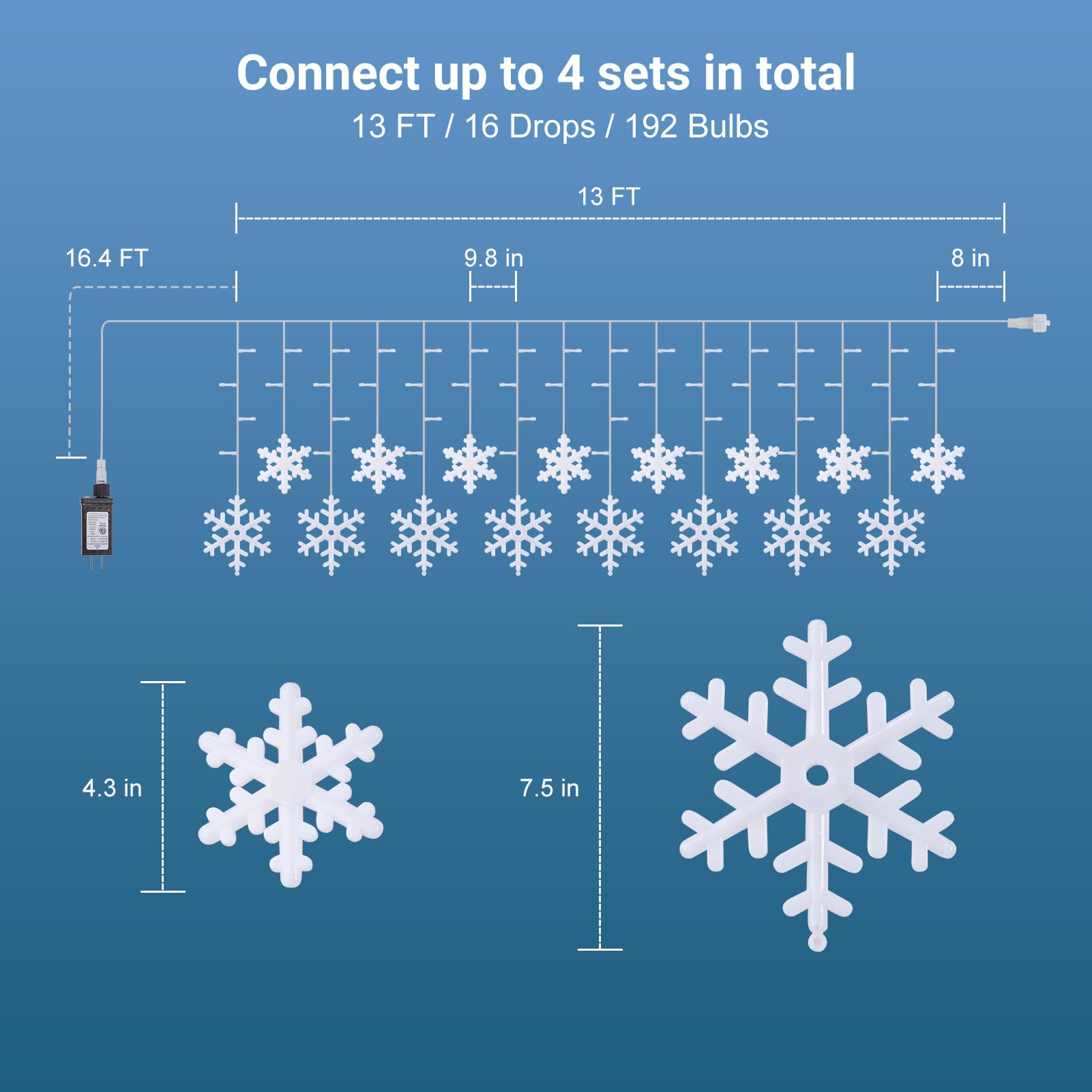 Brightown 13FT Christmas Snowflake Lights - 192LED, 16 Drops, 12 Modes, IP65 Waterproof, Connectable for Indoor & Outdoor Use