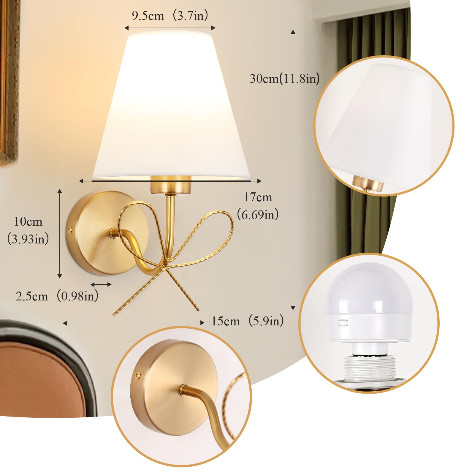 ADISUN Modern Wall Sconce Set of Two, Copper Battery Operated Dimmable Lamp for Living Room, Bathroom, Corridor - Model ab4a4982-3108-4d6b