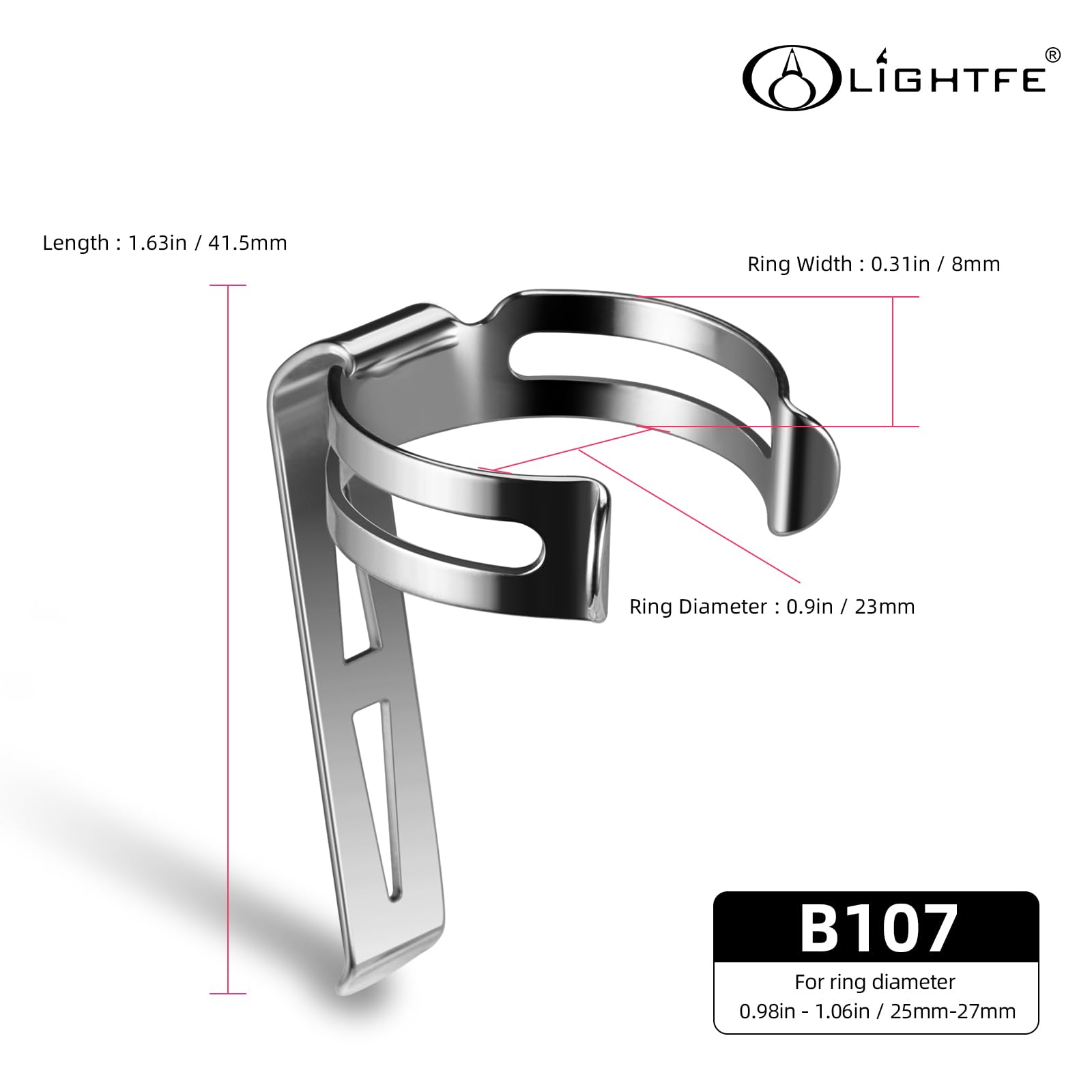 LIGHTFE B107 Flashlight Clip - Stainless Steel, Fits 25-27mm Diameter, 41.5mm×8mm×23mm, Ideal for Hats, Pockets, and Bags