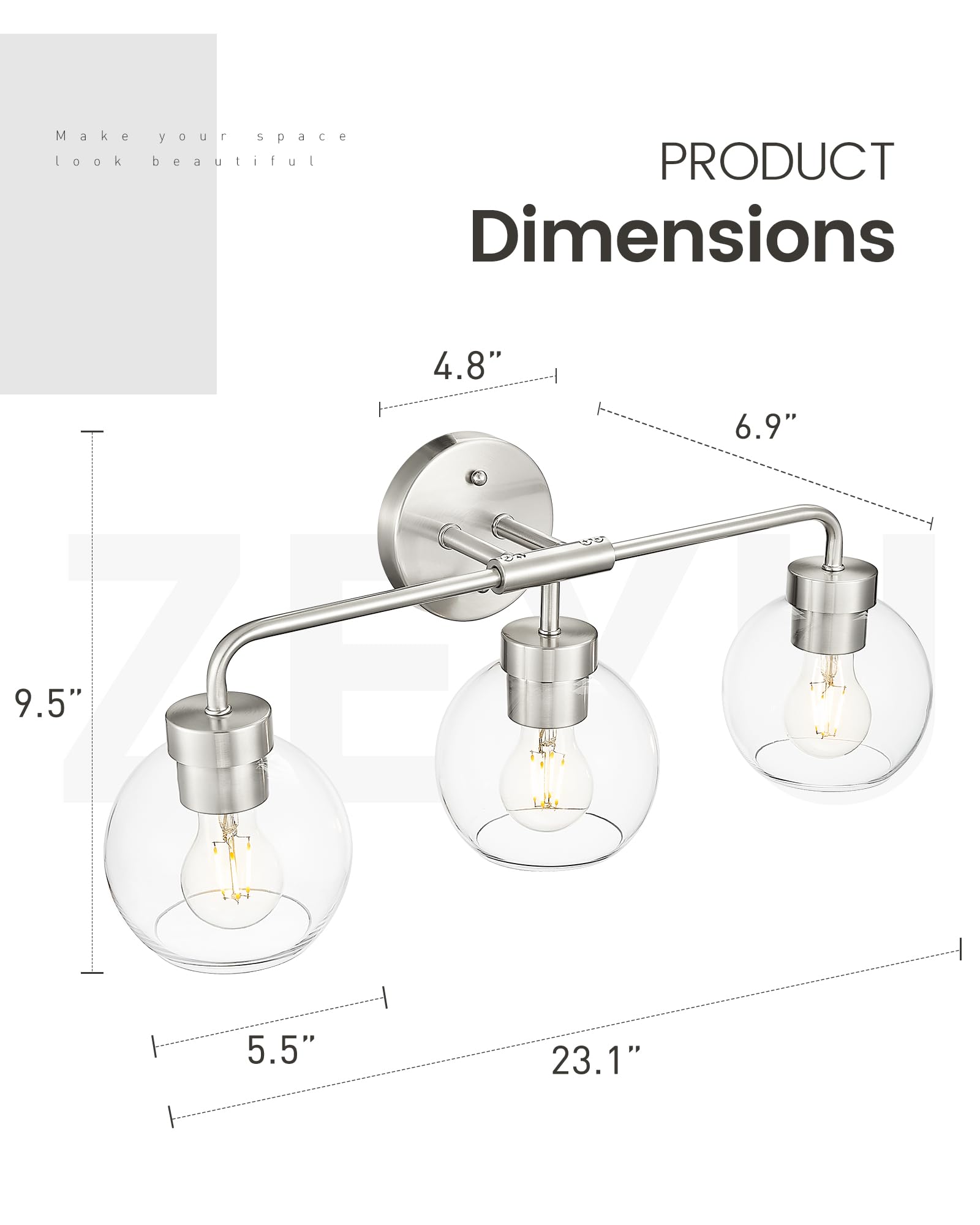 Zeyu 23 Inch Bathroom Wall Light Fixtures  3-Light Vanity Lighting Fixture  Brushed Nickel Finish With Clear Glass Globe Shade  Zs62Bg-3W Bn