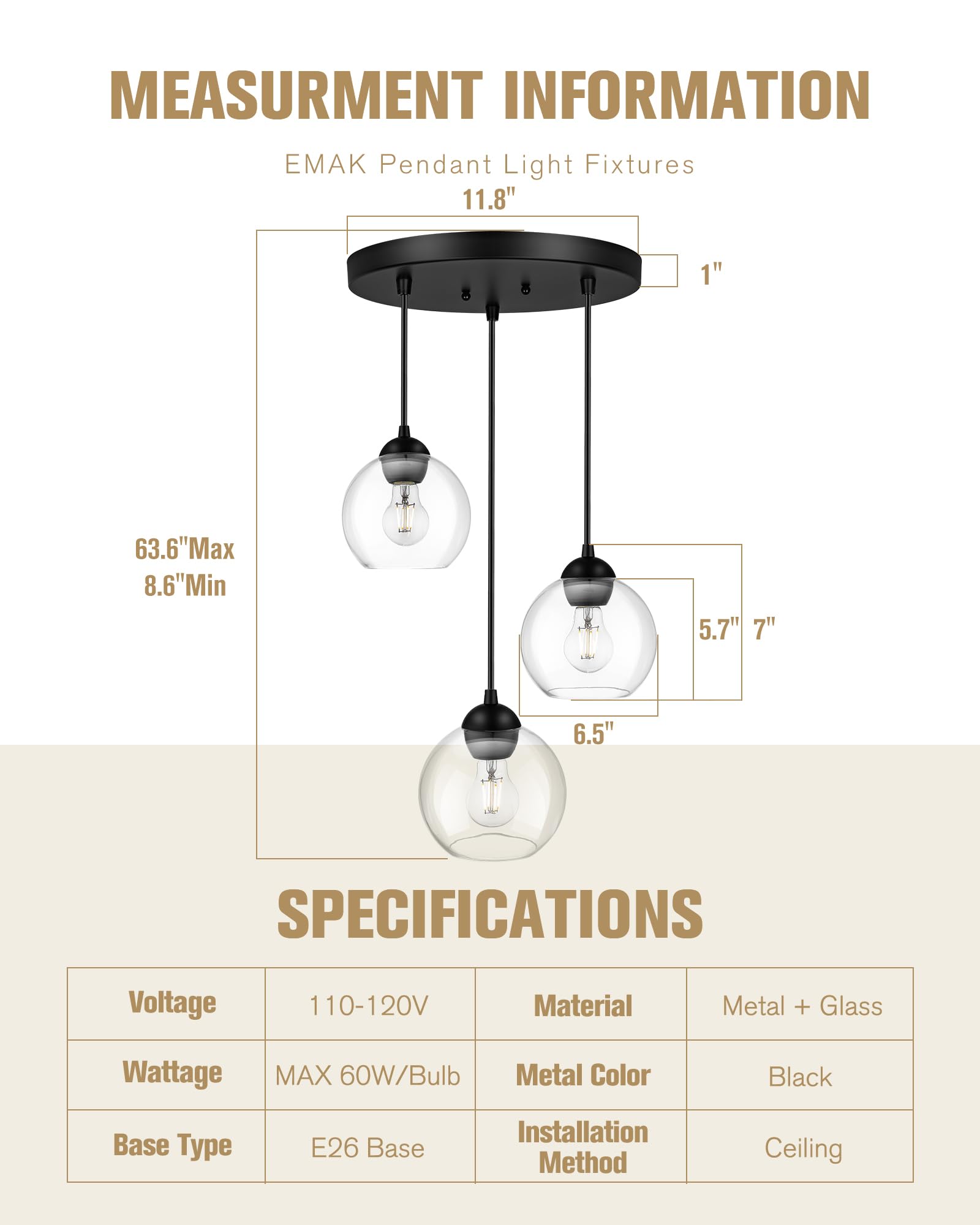 Emak Modern Black Pendant Lights Kitchen Island, 7 Inch Globe Pendant Light With Clear Glass Shade, 3-Light Cluster Island Light