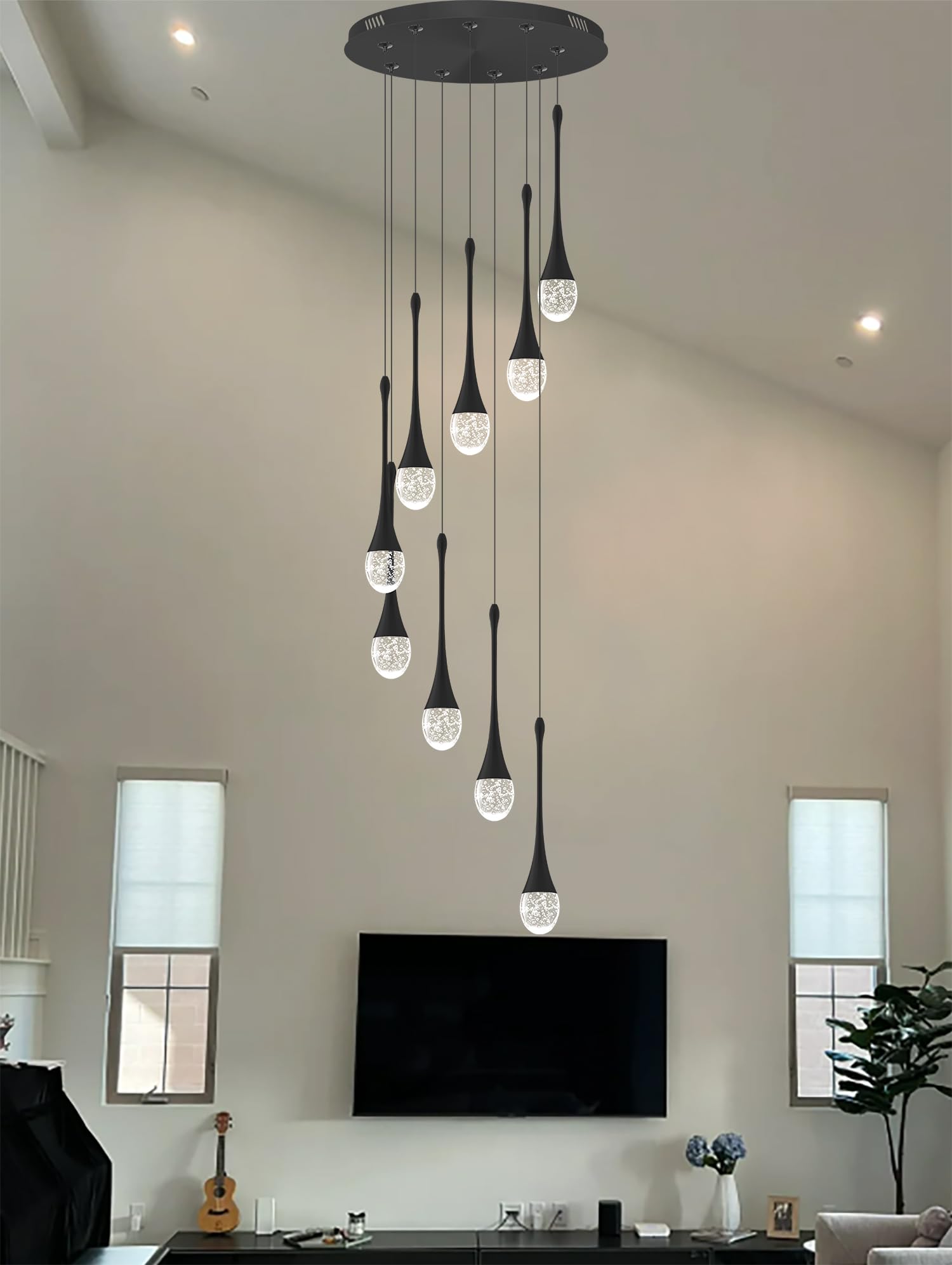 Ykolupty 9-Lights Black Pendant Chandliers 100'' High Staircase Ceiling Chandeliers Crystal Bubble Raindrop Lighting Chandelier Ceiling Living Room Dimmable 2700-6000K Led Dining Lighting