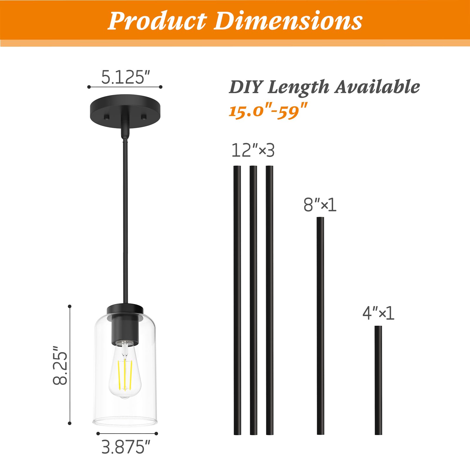 Zevluck Pendant Light Fixtures, Matte Black Pendant Lighting With 5 Adjustable Tubes, Hanging Light Fixtures With Clear Glass Sh