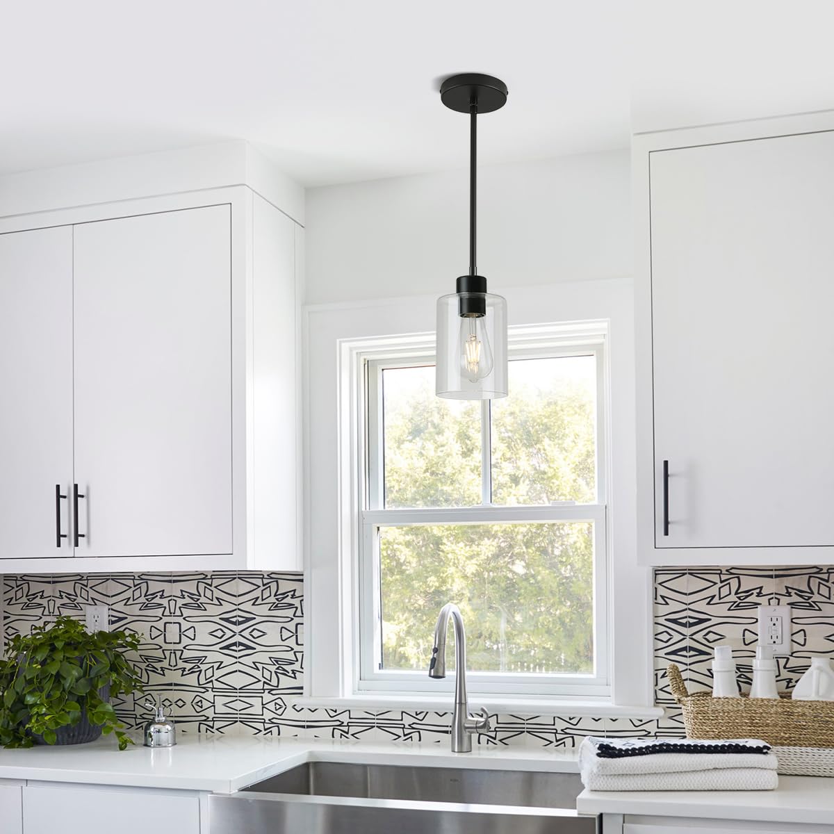 KLSS Black Pendant Lights - Modern Farmhouse Glass Fixture for Kitchen Island - Mini Hanging Light - Middle Size - 2 Pack Stem Rod