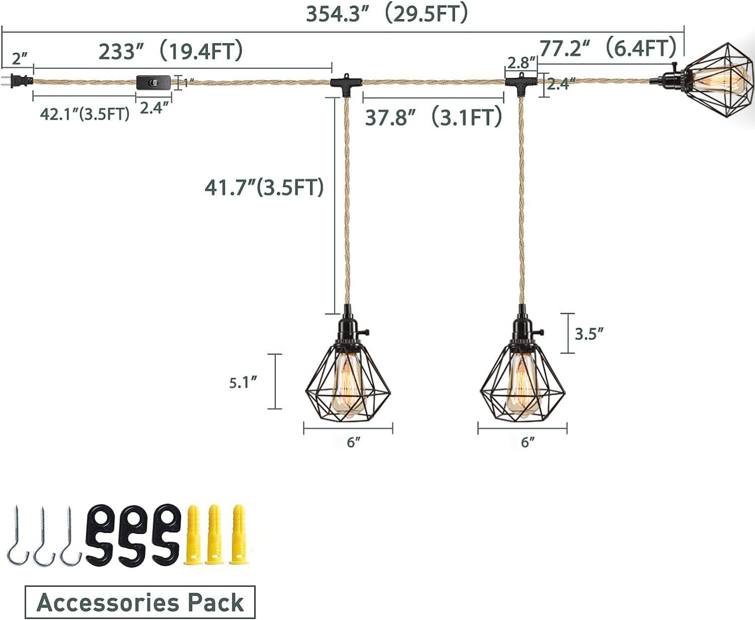 Kenmi 3-Light Hanging Light With Plug In Cord,Plug In Pendant Light 22Ft Hemp Rope Pendant Lighting Vintage 3-Light Metal Cage H