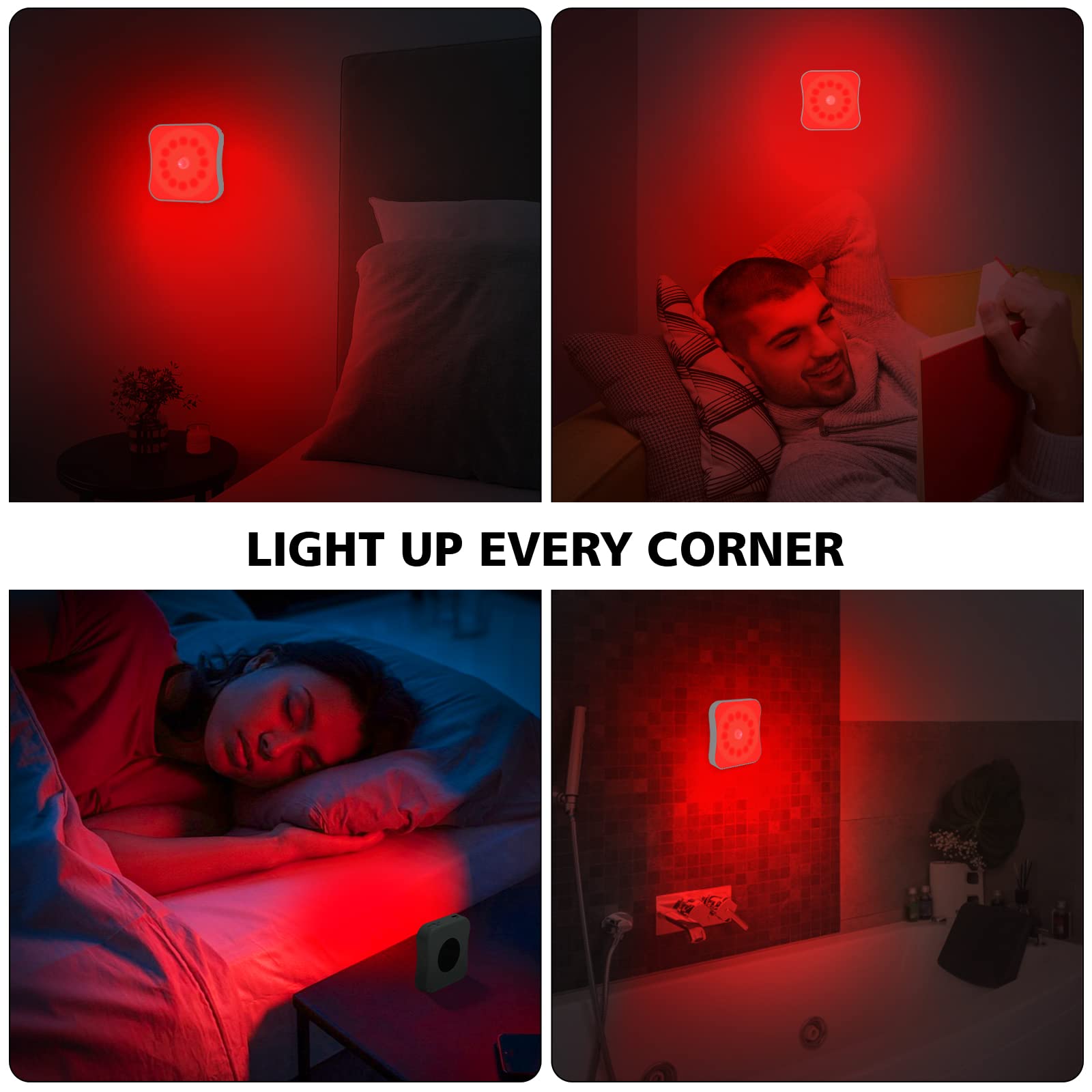 Bestendony Red Motion Sensor Night Lights, Rechargeable, 4 Pack, Magnetic, ABS Material, Sleep Aid for Bathroom, Hallway, Bedroom