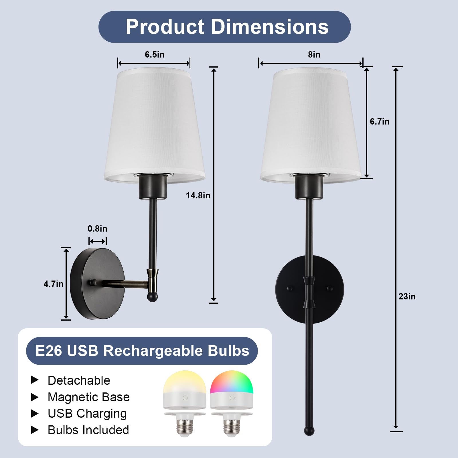 Depuley Wall Sconce Set of 2, Rechargeable, Dimmable Bulb, 24 Inch, Black, E26 Base, Wireless, 15 Colors