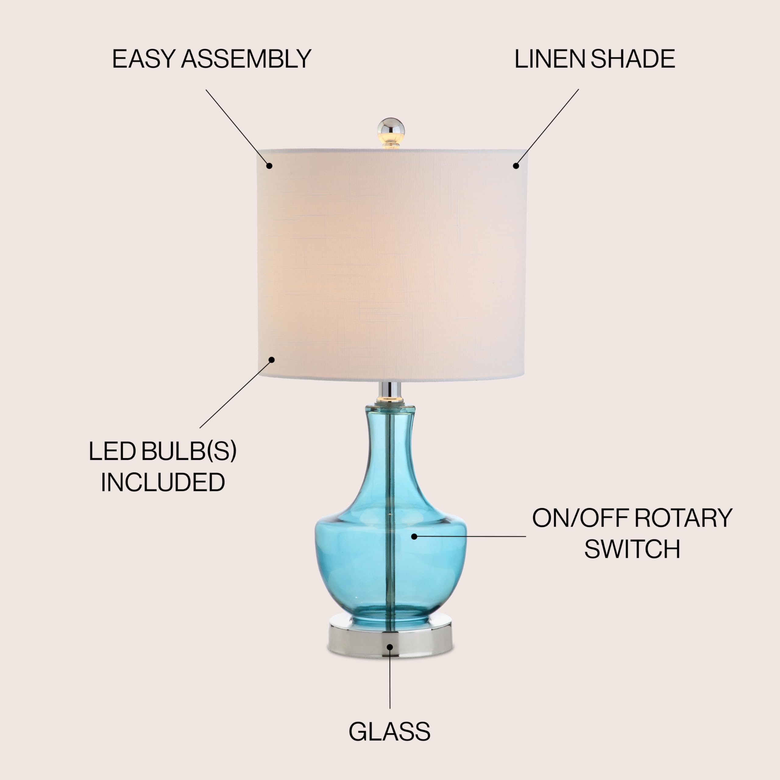 JONATHAN Y Colette 20in Mini Glass LED Table Lamp, 1 Bulb, Amalfi Blue, Model JYL1029C, Transitional Glam Design for Home or Office