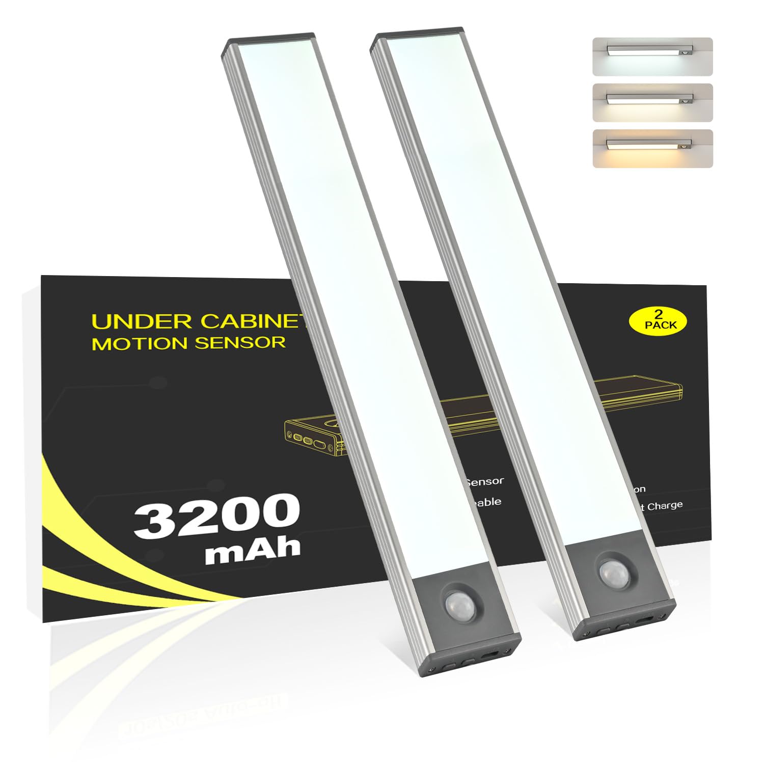 Under Cabinet Lighting  3200mAh Motion Sensor Light Indoor  3 Color Temp  Rechargeable Battery Operated LED Closet Lights  Wireless Under Counter Lights for Kitchen Stair (8 Inch  2 Pack)