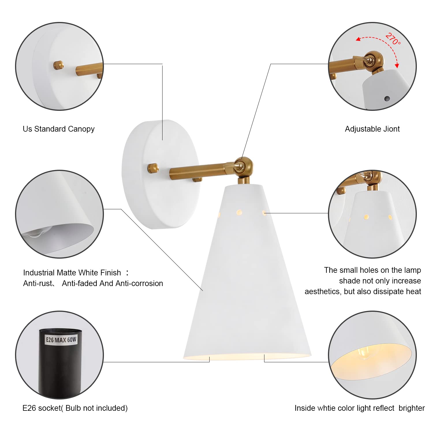 Mwz White Modern Wall Sconces Set Of 2, Hardwired Metal Swing Arm Light Fixtures