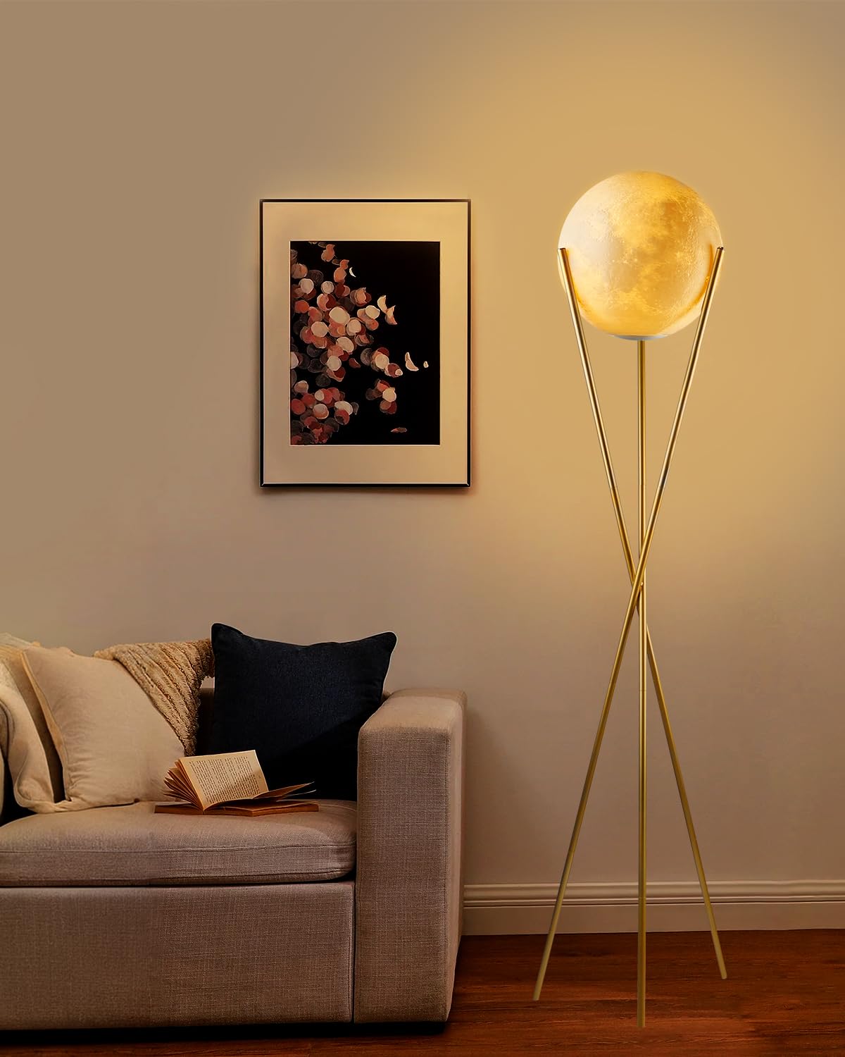 Lightdot 66'' Globe Moon Floor Lamp For Living Room Modern Gold Tripod Floor Lamp With 3D Printing Frosted Shade E26 300K Bulbs 
