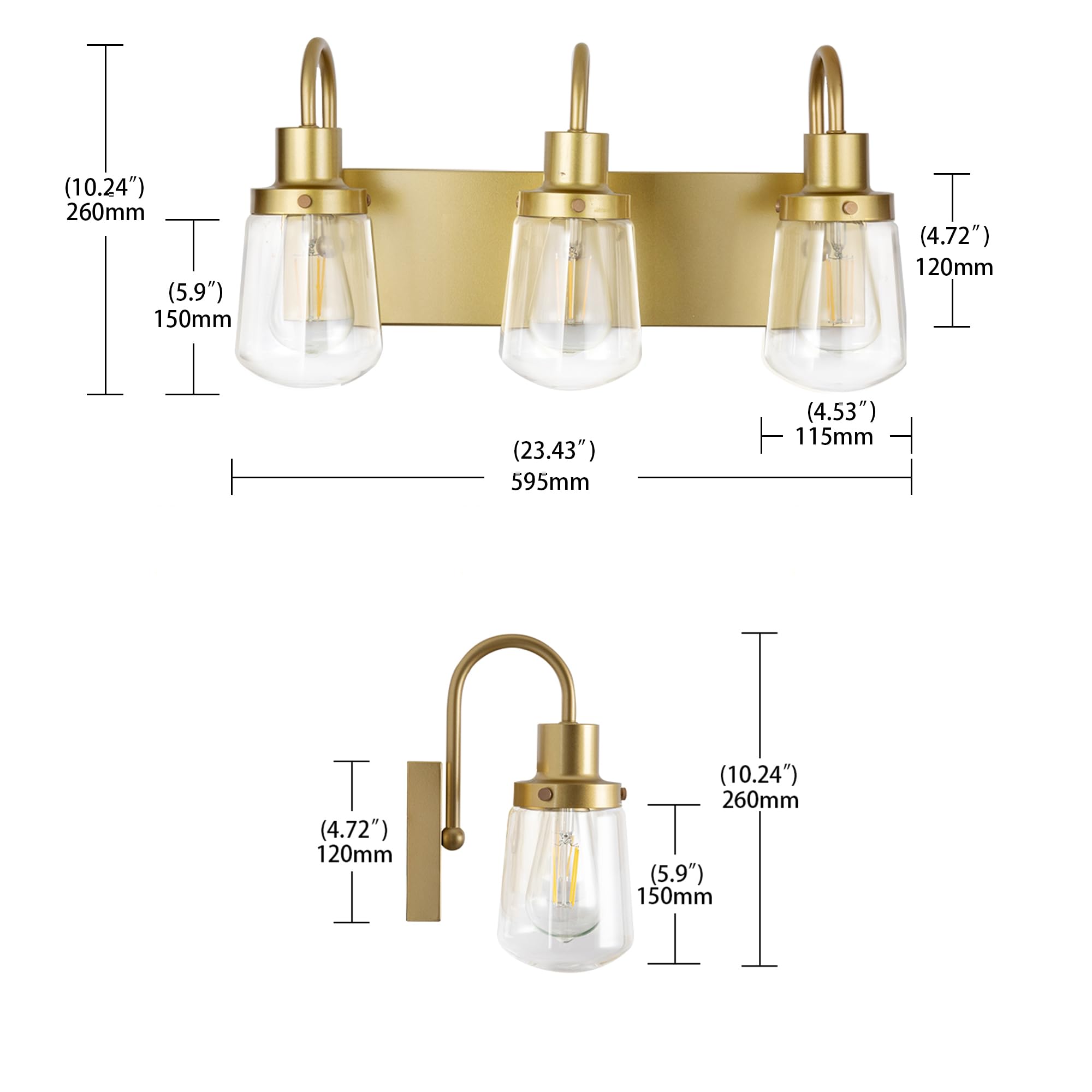 Yaohong Industrial Wall Sconce 3-Lights Modern Vanity/Bathroom Lamp In Painted Gold With Clear Glass Shades Wall Mount Light Fixtures For Hallway Kitchen Living Room