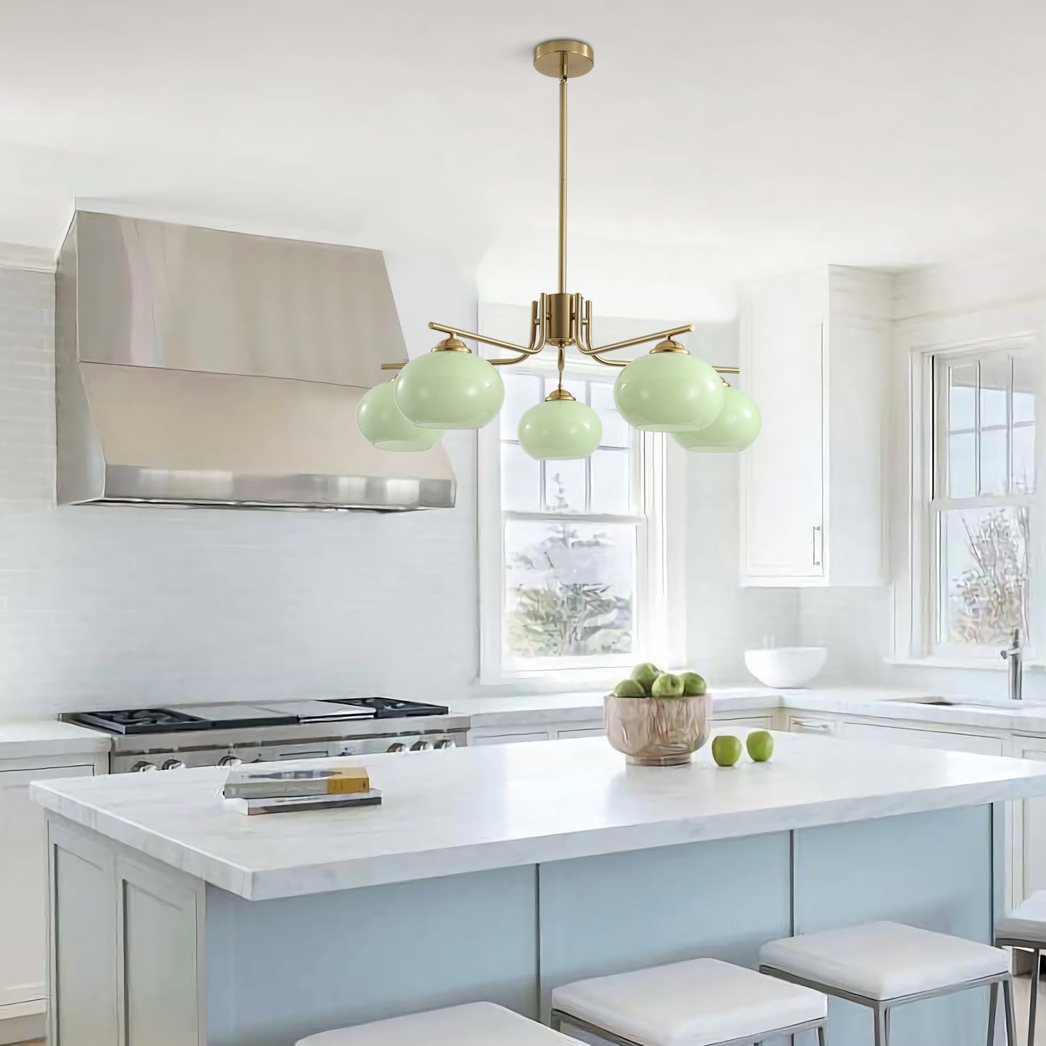 KCO Green Glass Pendant Light - 5 Light Large Globe Chandelier, Brushed Brass, Mid Century Modern, Model L1158-5-G