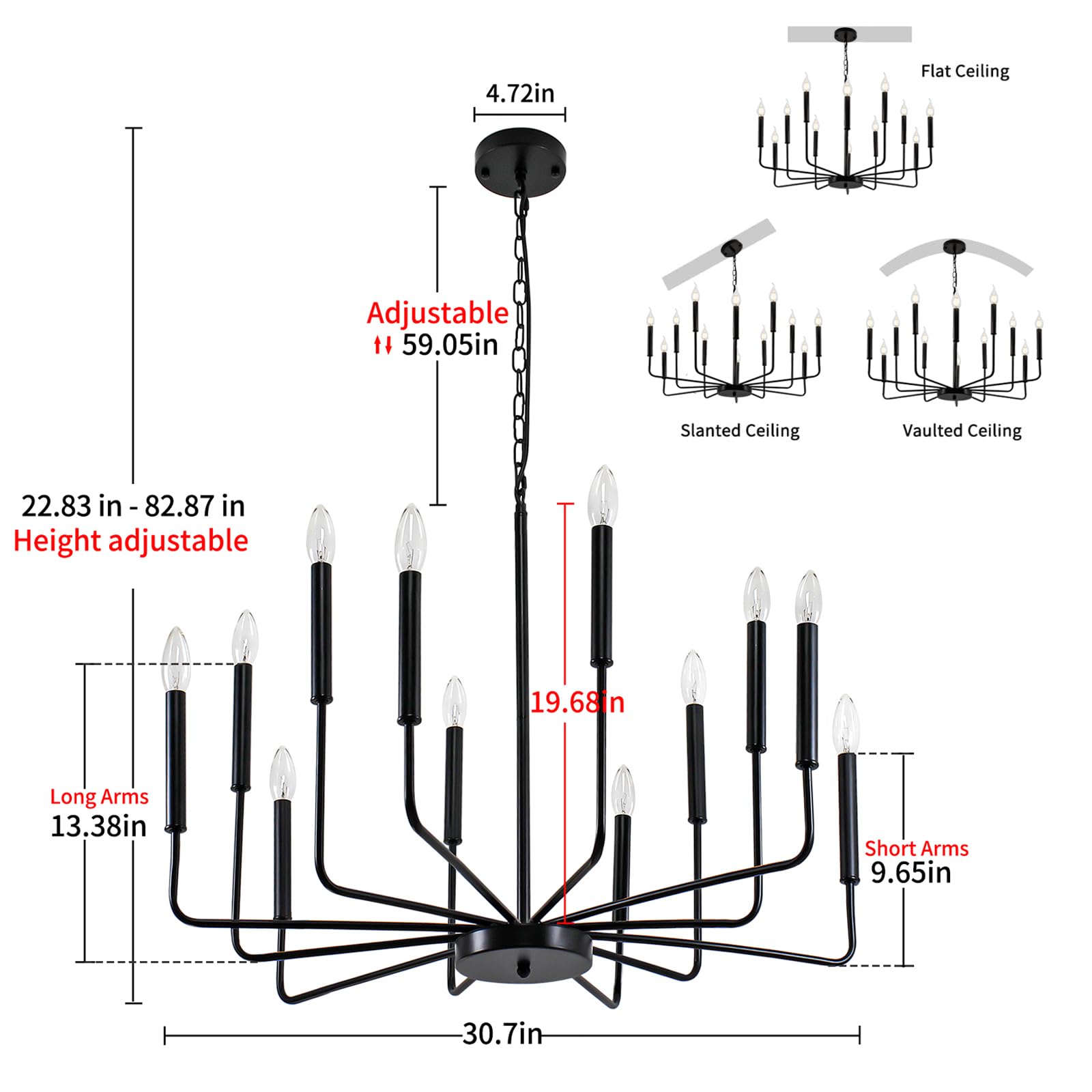 Rviezza 12-Light Black Metal Chandelier, Farmhouse Ceiling Pendant for Dining Room, Living Room, Foyer, Kitchen Island, Entryway