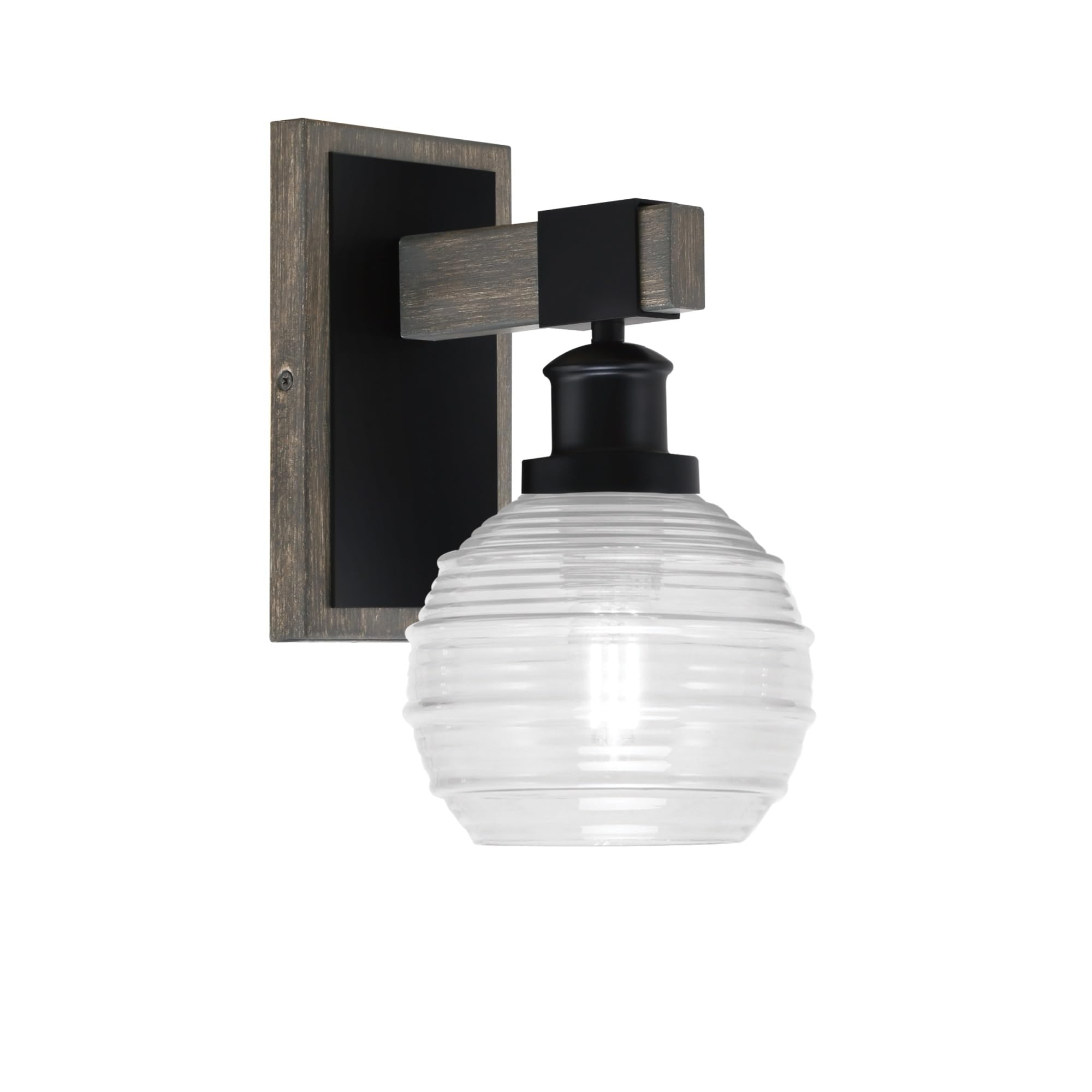 Toltec Lighting Tacoma Light Wall Sconce - Matte Black & Distressed Wood-Look Metal Finish, 6in Clear Ribbed Glass