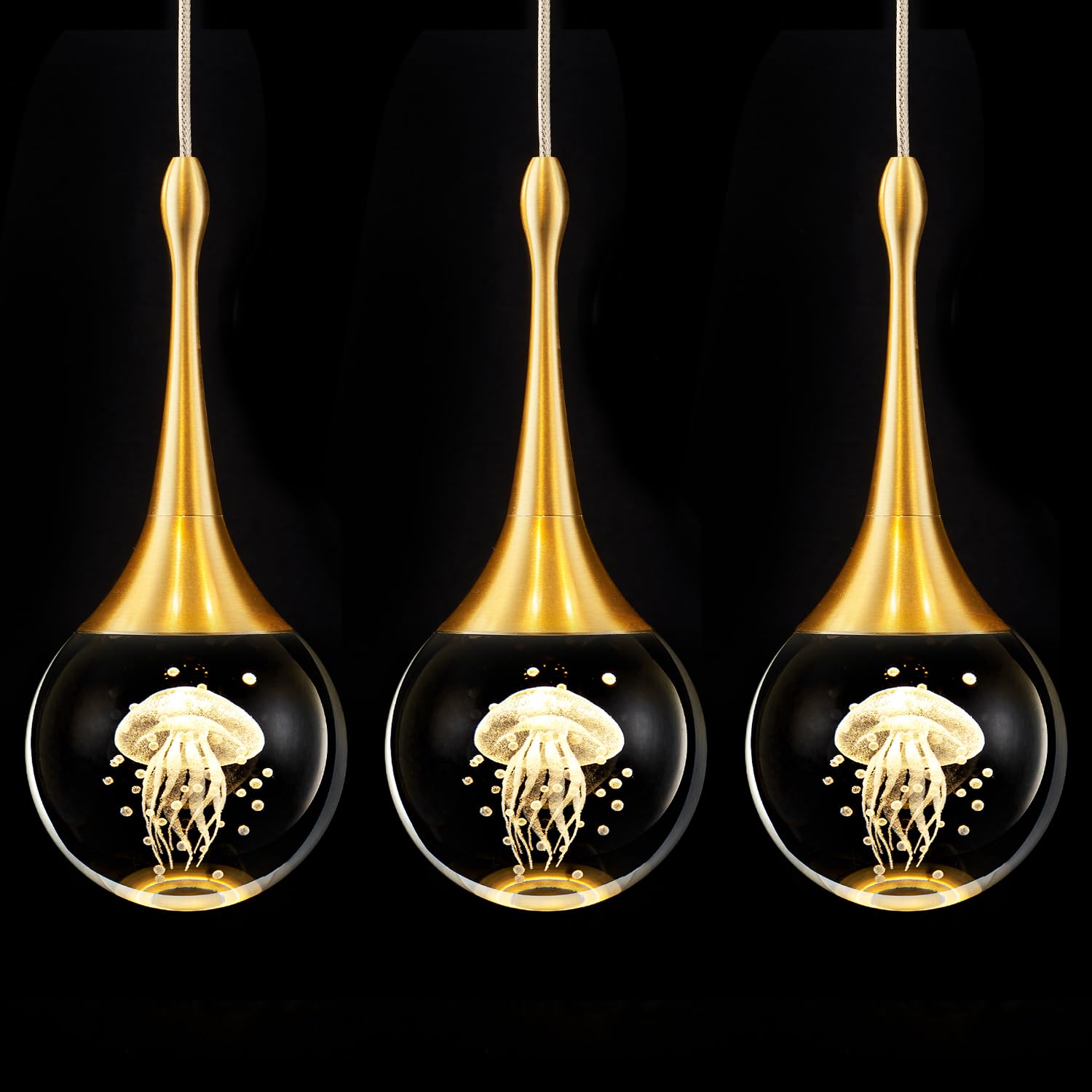 CHYING LED Kitchen Island Pendant Lights 3 Pack Gold Teardrop Pendant Light Bathroom Ceiling Hanging Light Globe Jellyfish Penda