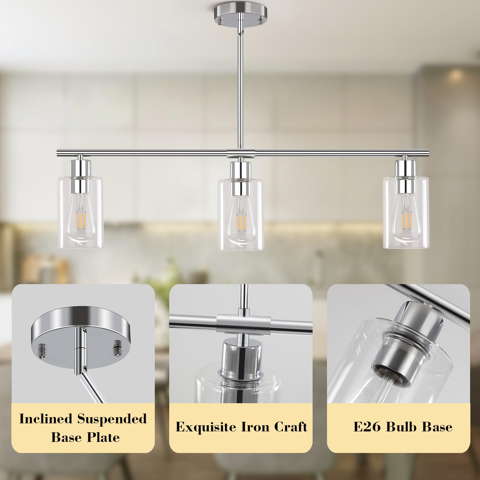 Yarlkav Kitchen Island Lighting, 3 Lights Linear Chandeliers Rectangle Pendant Light Fixtures For Dining Room Farmhouse Hanging Light With Glass Shades(Chrome)