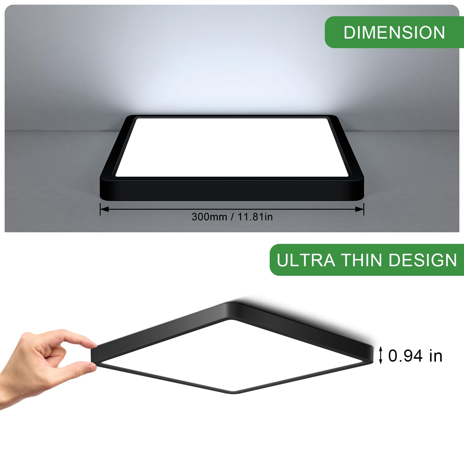 12Inch 24W Square Led Ceiling Light Fixtures Flush Mount  6000K Cold White Led Ceiling Lamp  Surface Mount Modern Ceiling Lights  Black Slim Flat Panel Lighting For Bedroom  Kitchen  Bathroom Etc