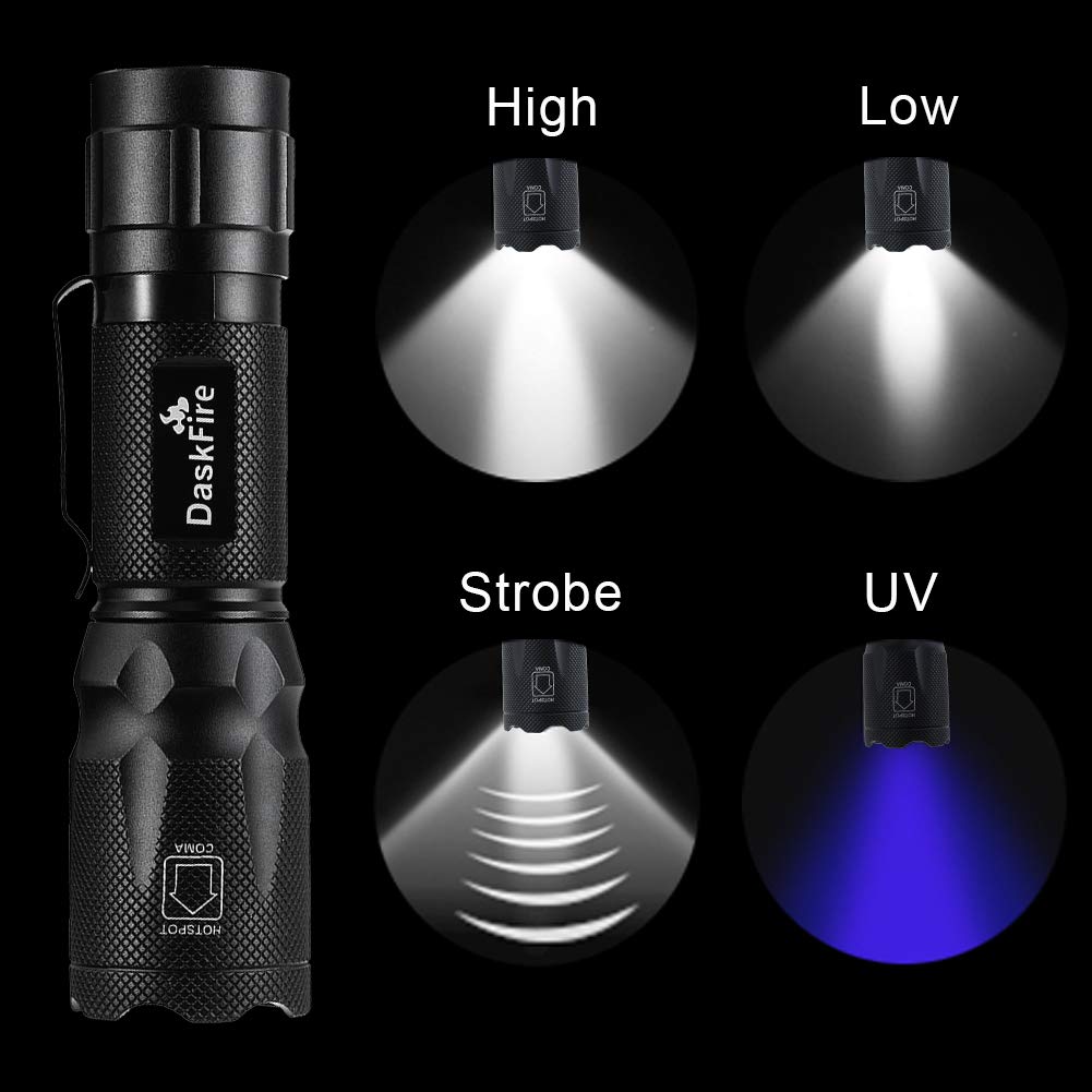 DaskFire Blacklight Flashlight - UV 395nm, High Lumen, Aluminum, Ideal for Home Security, Camping, Scorpion Hunting, Pet Stain Detection