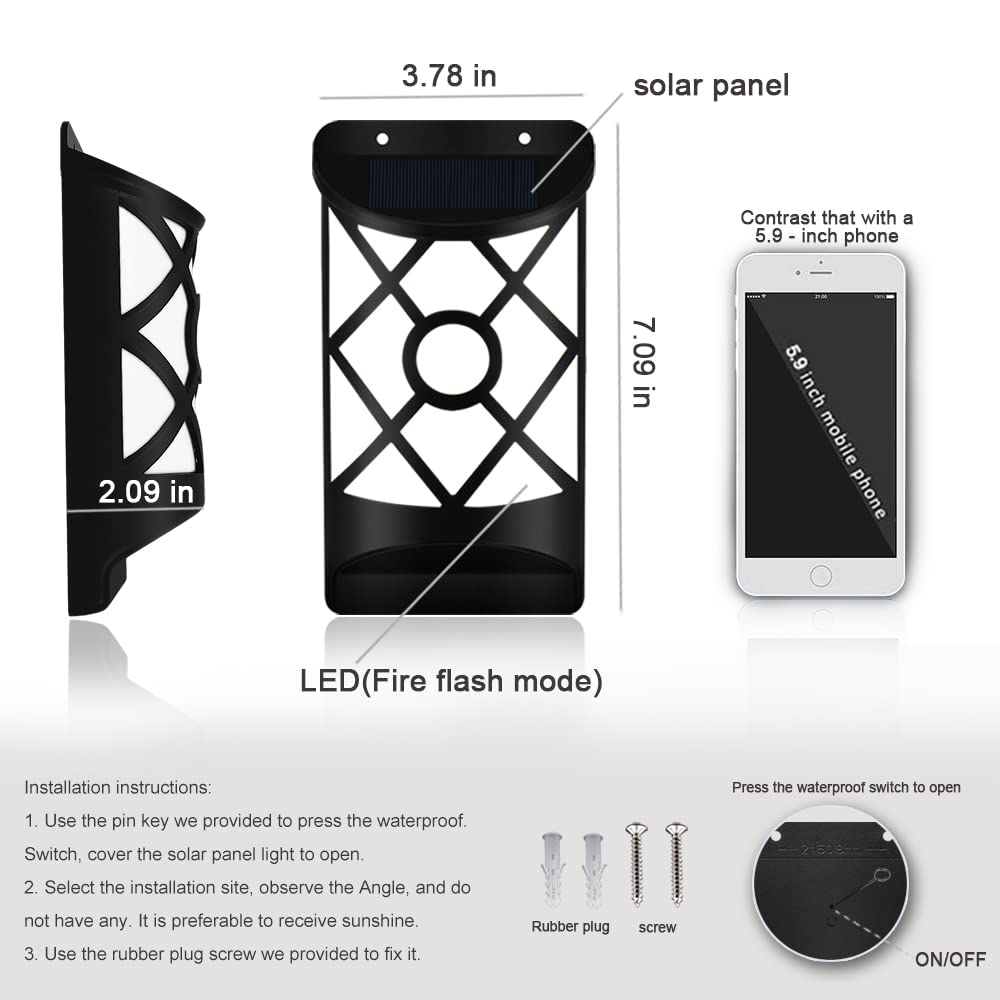 Aityvert Solar Flame Lights - Waterproof Flickering Flame, 66 LED, 6 Pack, Wall Mounted, Lattice Design for Outdoor Patio Deck Driveway
