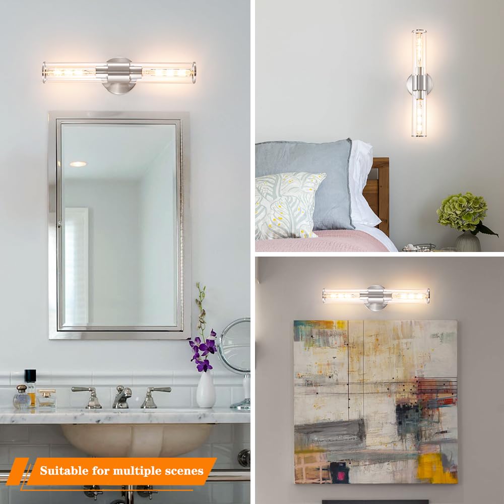 Brushed Nickel Bathroom Sconces Set Of 2  Modern Wall Sconce Lighting With Clear Glass  Harded Wired Wall Sconces Set Of Two  Wall Light Fixtures Over Mirror  Sconces Wall Lighting For Laundry  Porch