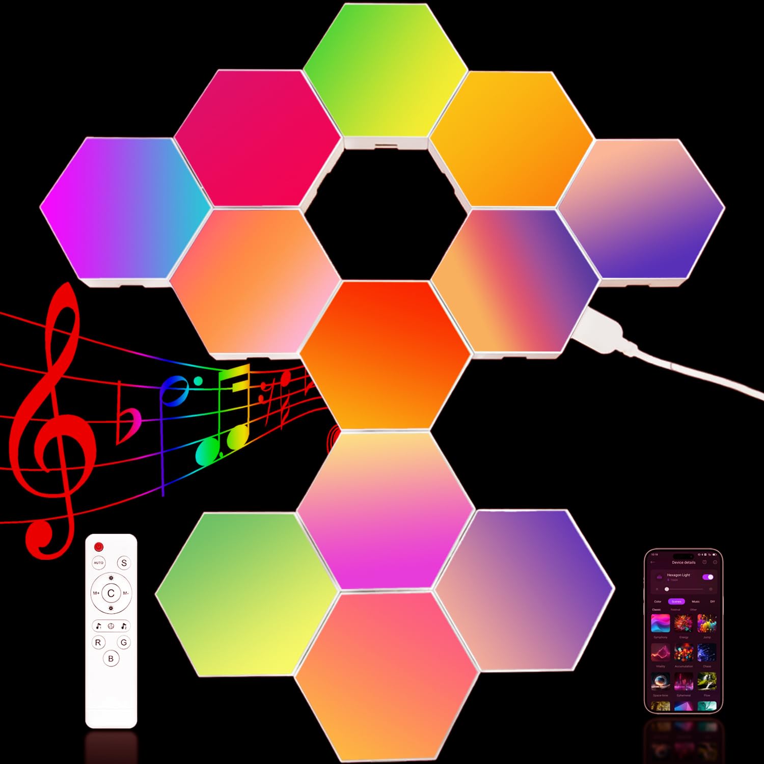 YEYIZU 12Pack Hexagon Lights for Wall LED, Hexagon LED Lights That Sync with Music, APP & Remote Controls Hex Lights, RGB LED Wa