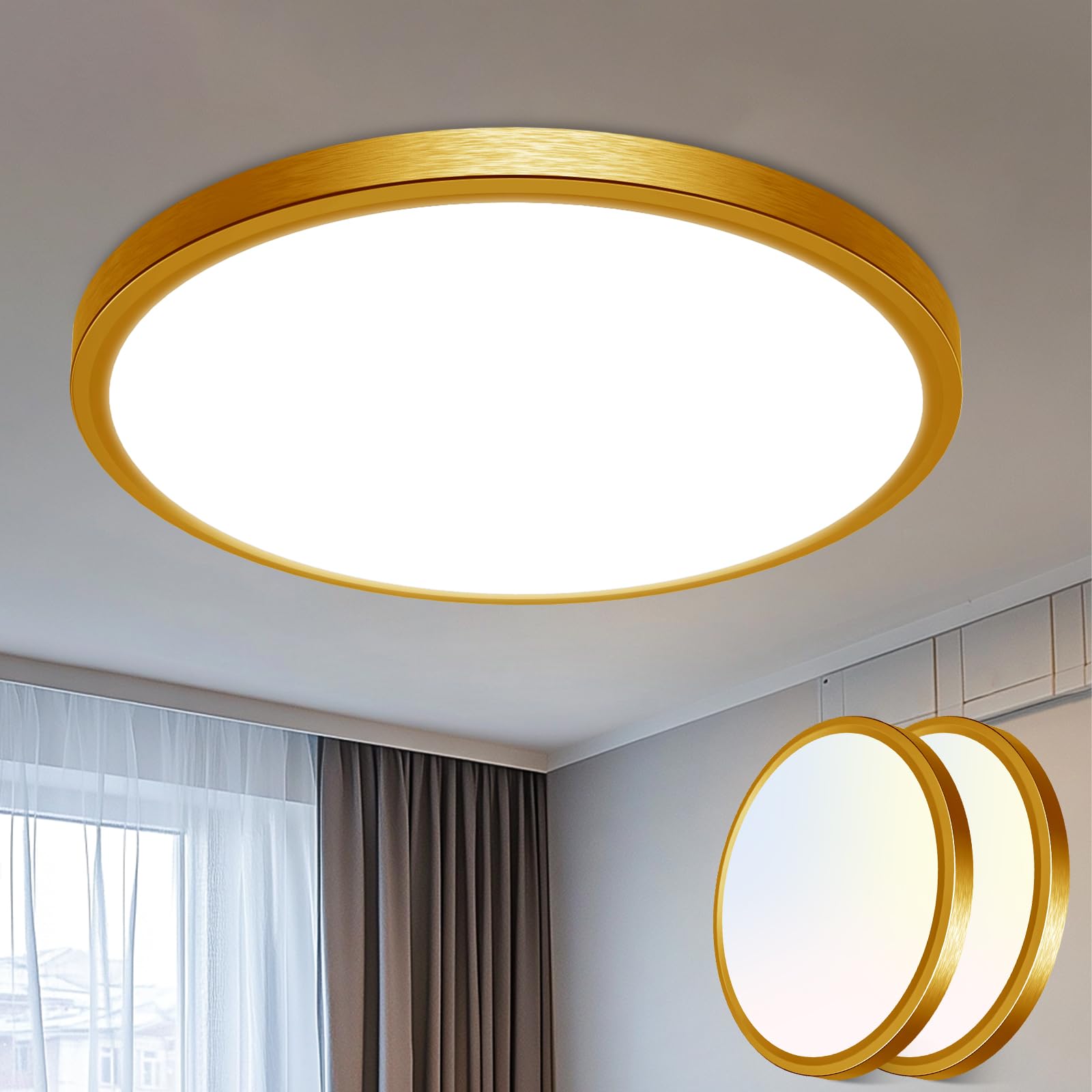 libtit 16-Inch Flush Mount LED Ceiling Light, 36W 3600lm, Adjustable 3000K-6500K, Gold Satin, 2 Pack