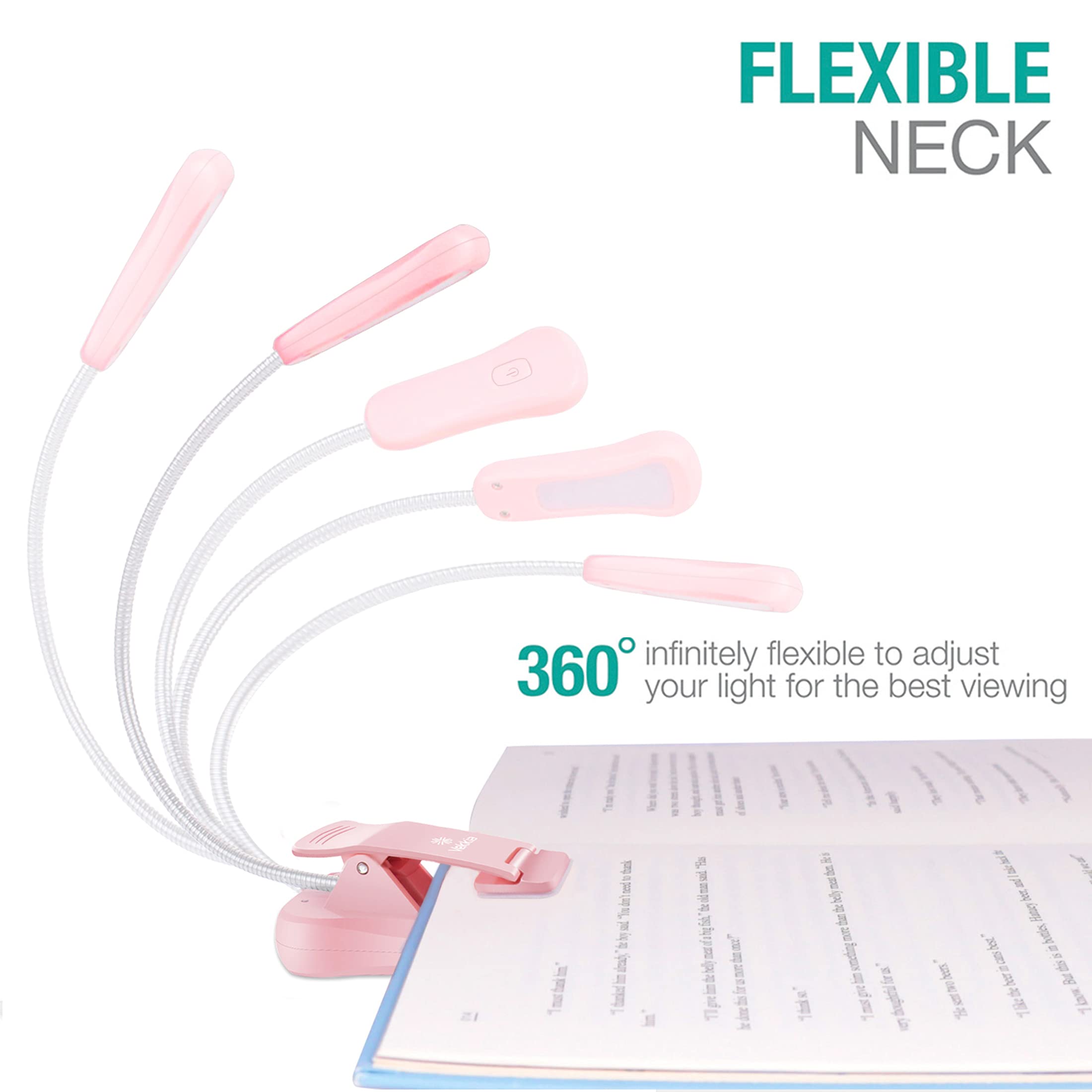 Vekkia Rechargeable Book Light - 3 Colors, 3 Brightness Levels, Lightweight, Up to 70 Hours, Model BK-03-PK, Pink