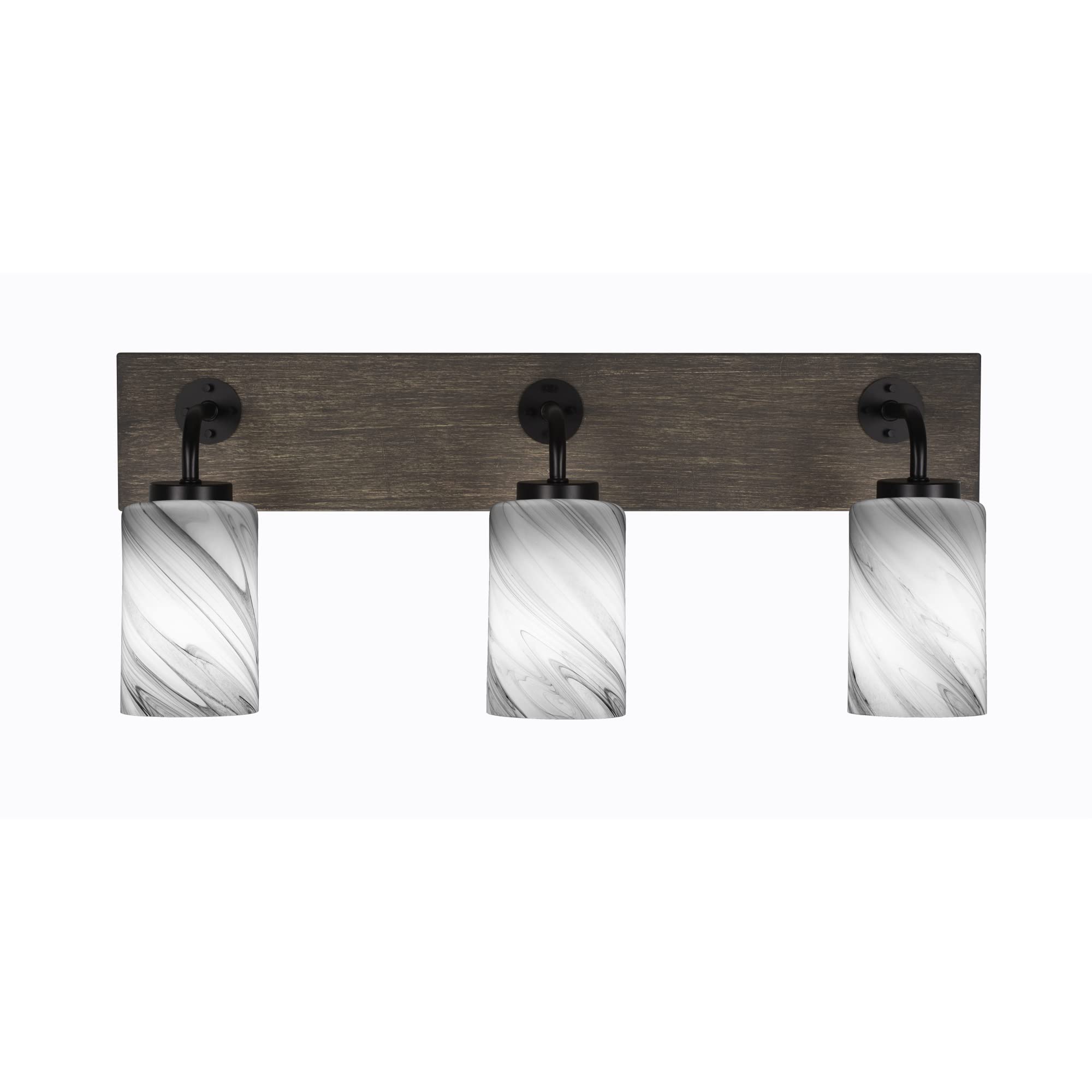 Oxbridge 3 Light Bath Bar In Matte Black & Painted Distressed Wood-Look Metal Finish With 4" Onyx Swirl Glass
