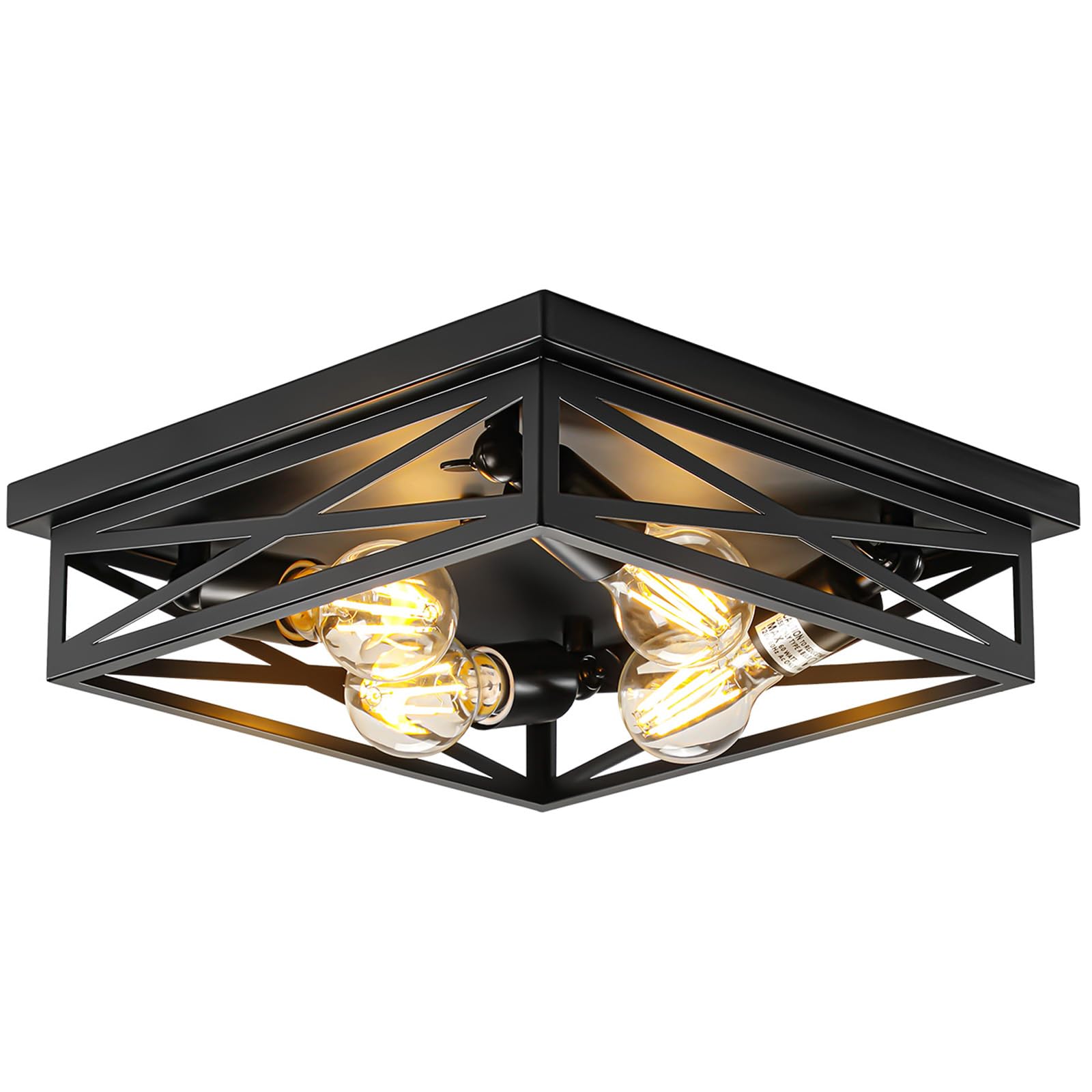 DIKAIDA 4-Light Flush Mount Ceiling Light Fixture, Kitchen Lights, Black Farmhouse Flush Mount Light Fixture, Metal Cage Closed 