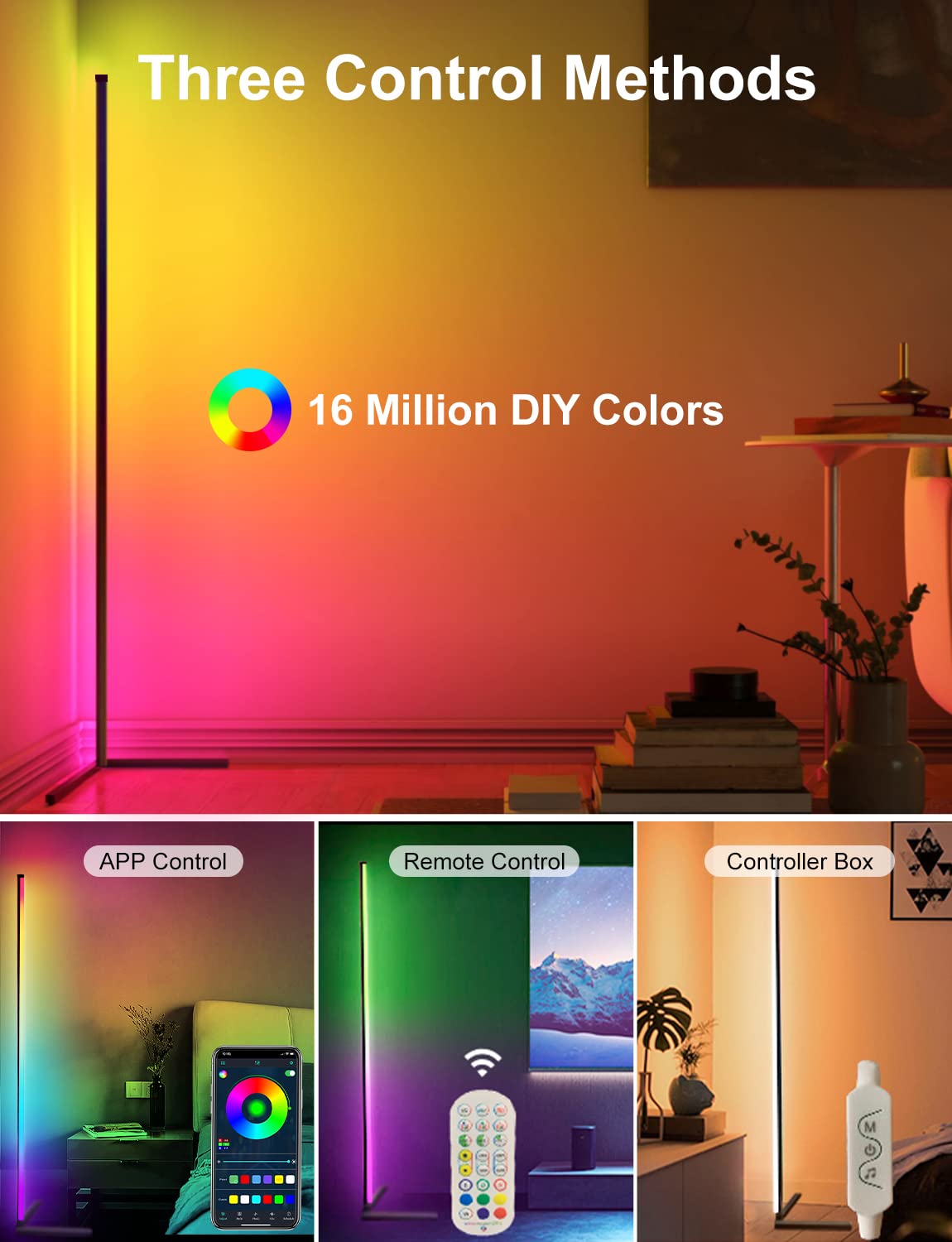 LanSuper 65" Color Changing LED Corner Floor Lamp, Aluminum, Music Sync, Remote & App Control, RGB Mood Lighting for Living Room & Gaming Room