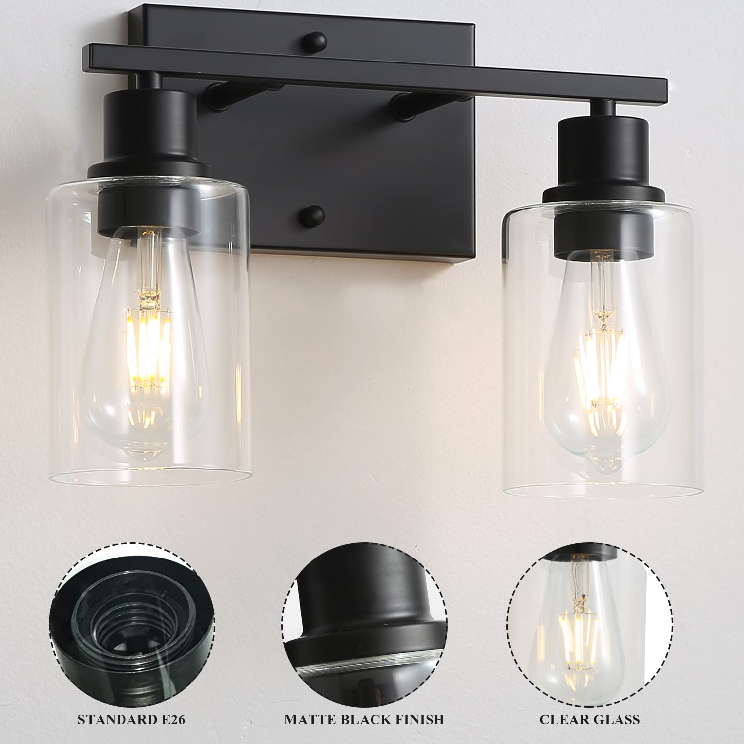 Emong 2-Lights Bathroom Light Fixtures, Matte Black Vanity Light With Glass Shade, Modern Wall Sconces Lighting For Bathroom,Mir