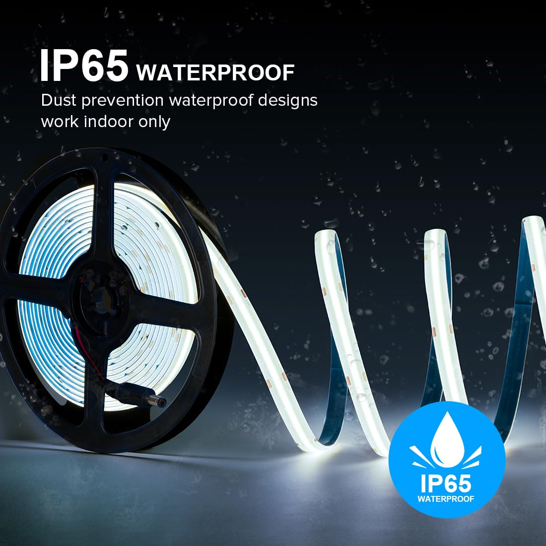 FCOB COB LED Strip Light 16.4FT IP65 Waterproof DC12V 6000K Daylight White 320LEDs/m Dimmable for Home Decor