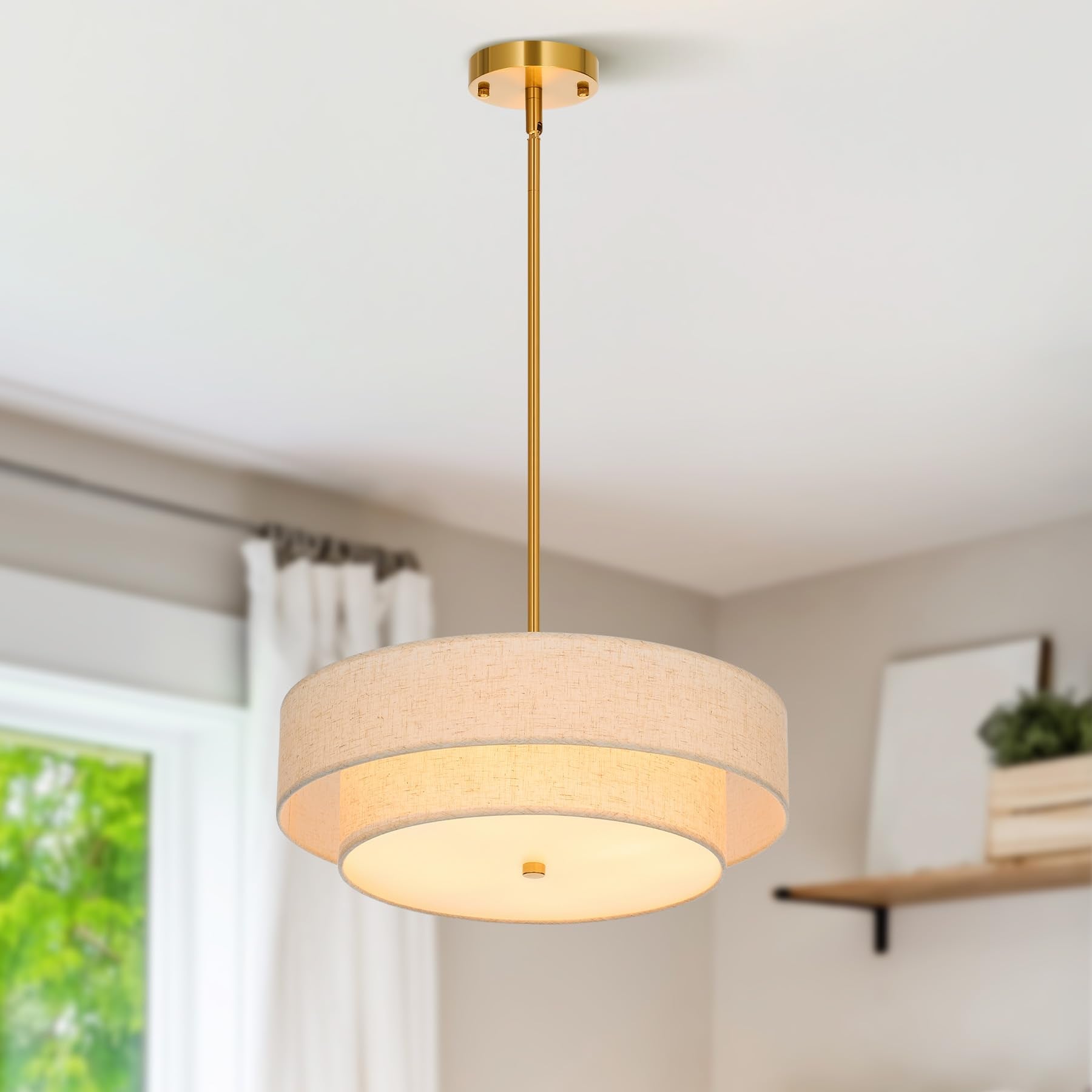 Vonluce 18 Modern Drum Chandelier, 4-Light Pendant Light Fixture, Gold Fabric Shade, Model Hcf1018Gd For Dining Room, Bedroom, Living Room