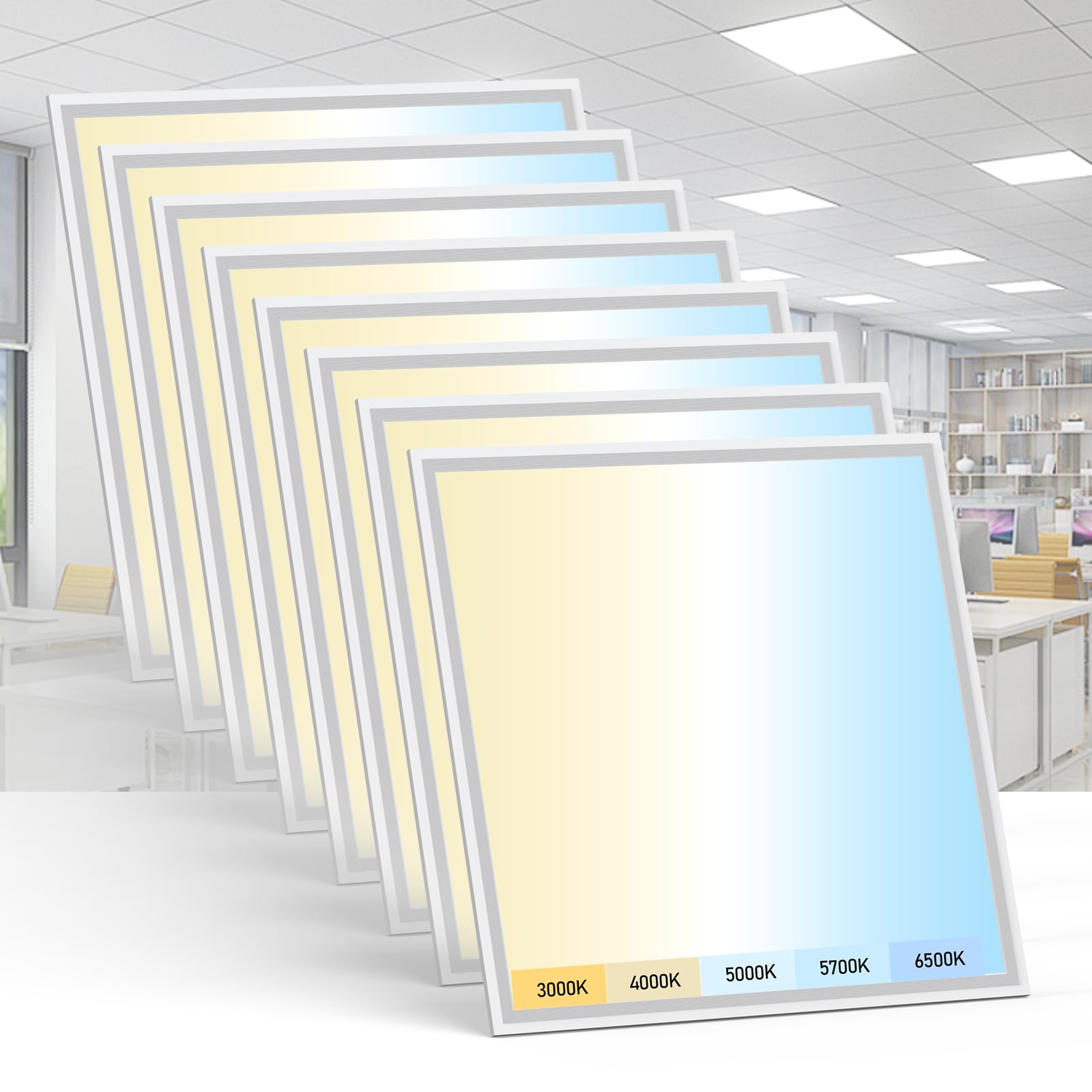 AIKVSXER 8 Pack 2x2 LED Flat Panel Light - Selectable 5 CCT 3000K-6500K & 5 Wattage 30-50W 4400Lm 0-10V Dimmable 2x2 led Drop Ce