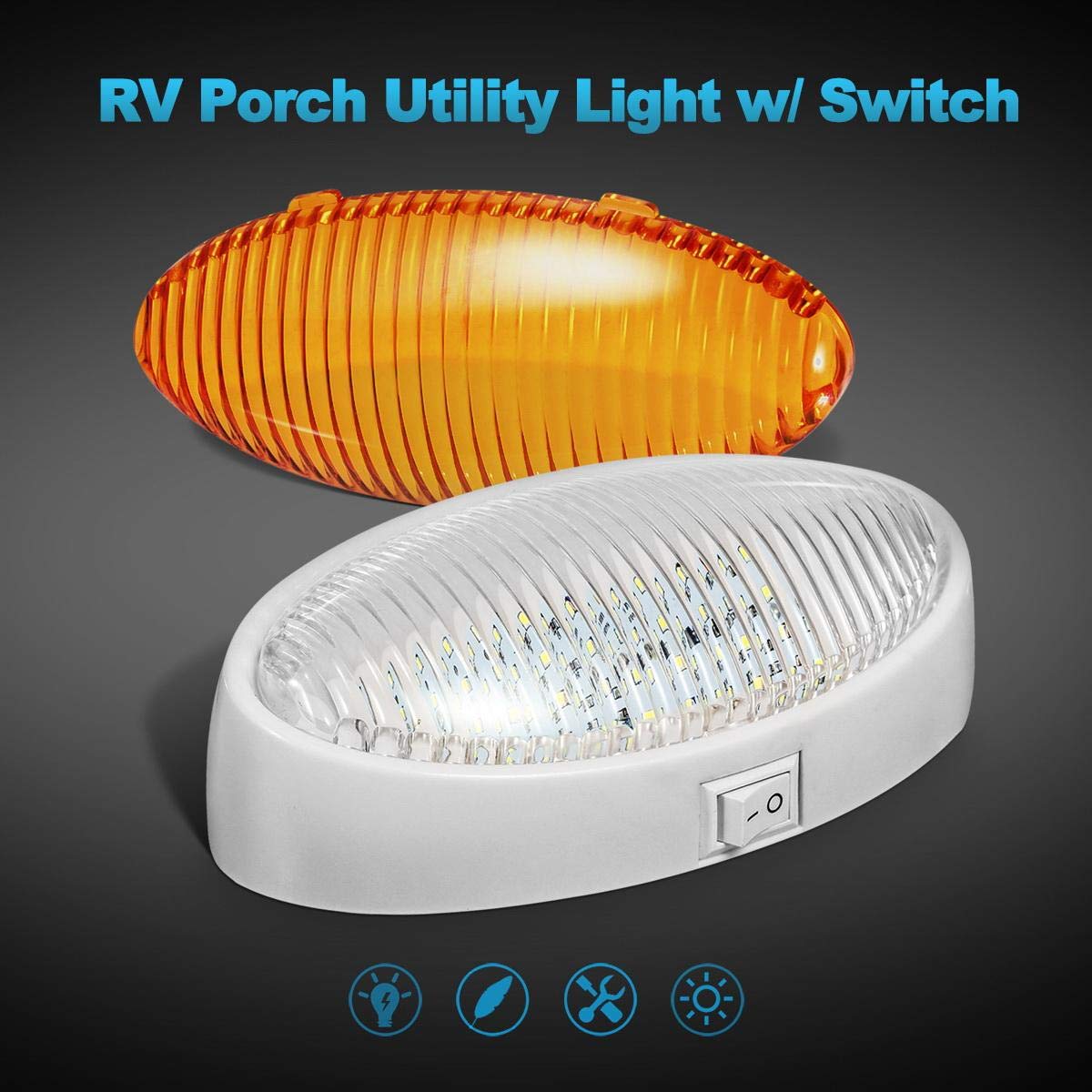 Partsam Oval LED RV Porch Light with Switch, 12V, 6inx3.5inx2in, White Base, Model 201909, Clear and Amber Lenses, Surface Mount