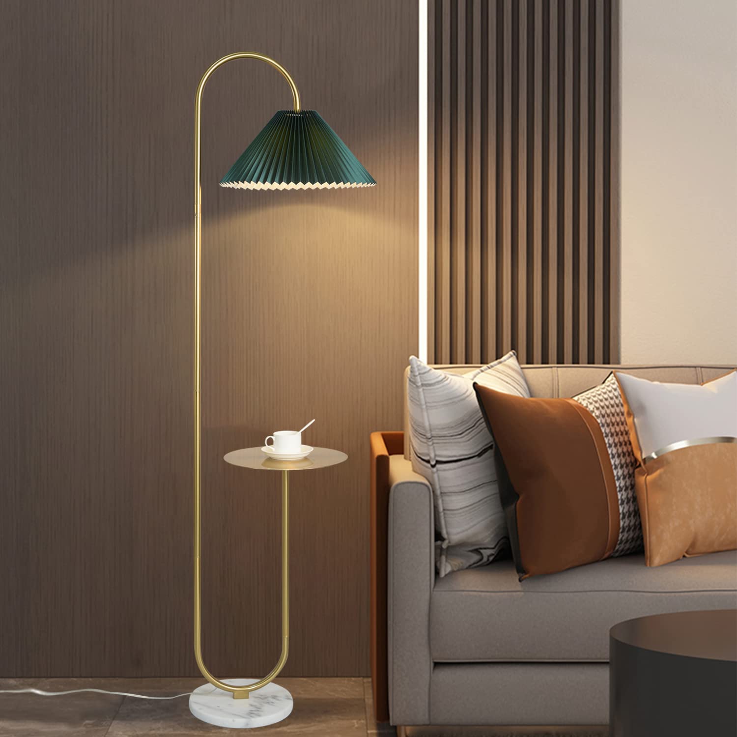 beaysyty Modern Elegant Floor Lamp with Tray, Brass Finish, Dark Green Pleated Lampshade, Foot Switch, Model CY4142