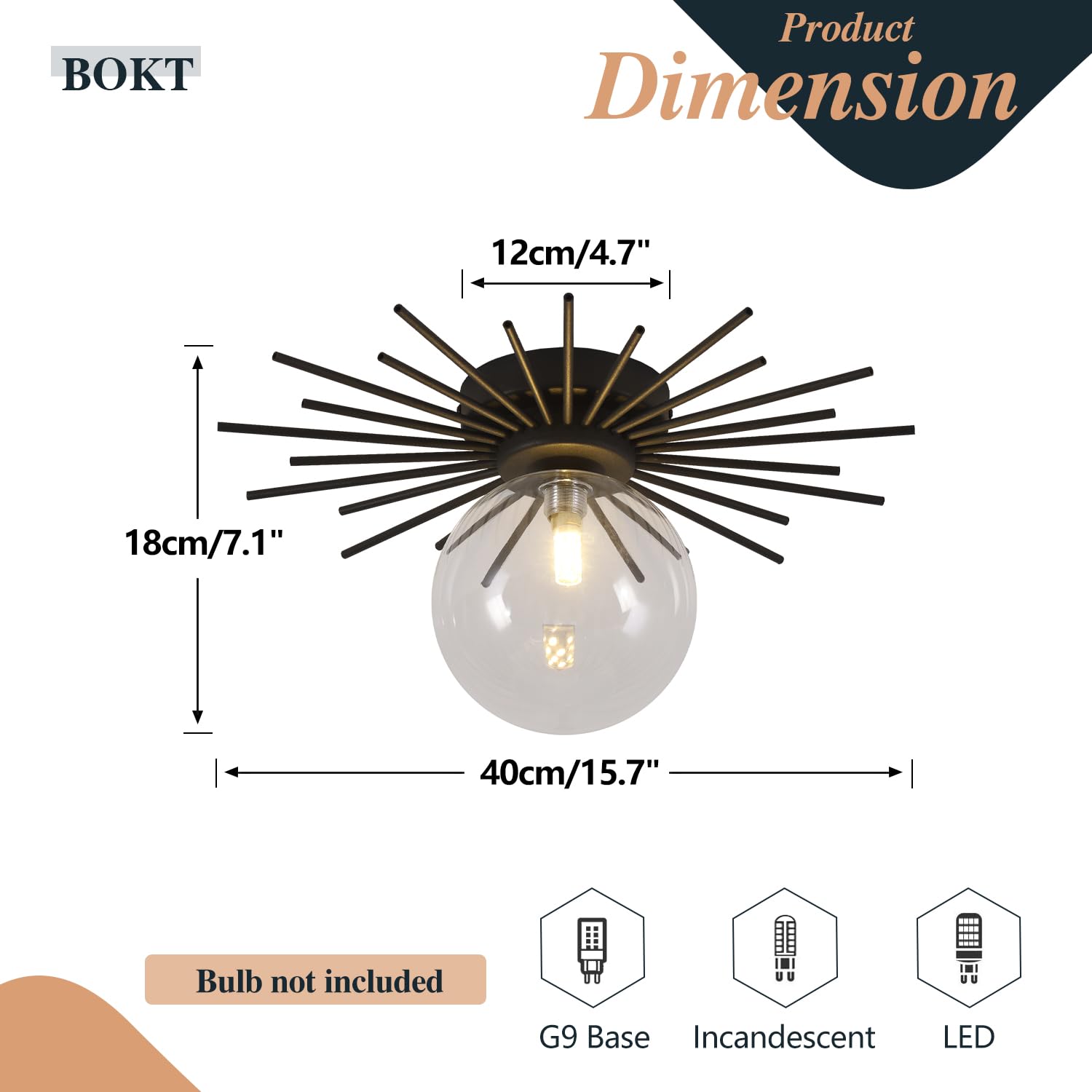 Bokt Black Semi Flush Mount Ceiling Light - Small Clear Globe Glass Ceiling Fixture - Modern Mid Century Retro Ball Hallway Vint