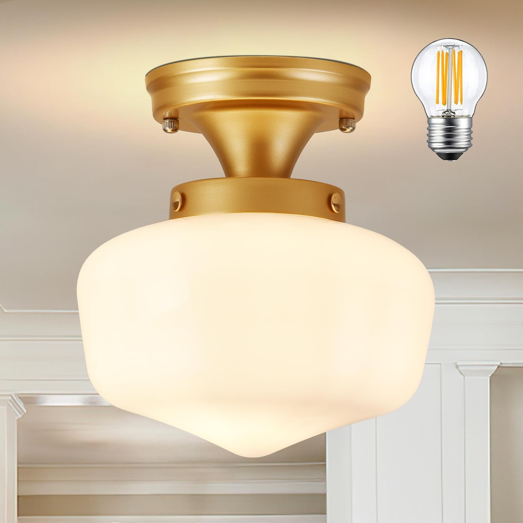 AyshwillDec Brass Ceiling Light Fixture, 8in Mid Century Design, Milk Glass, Semi Flush Mount, 8 Inch Gold, Model: meishi-210