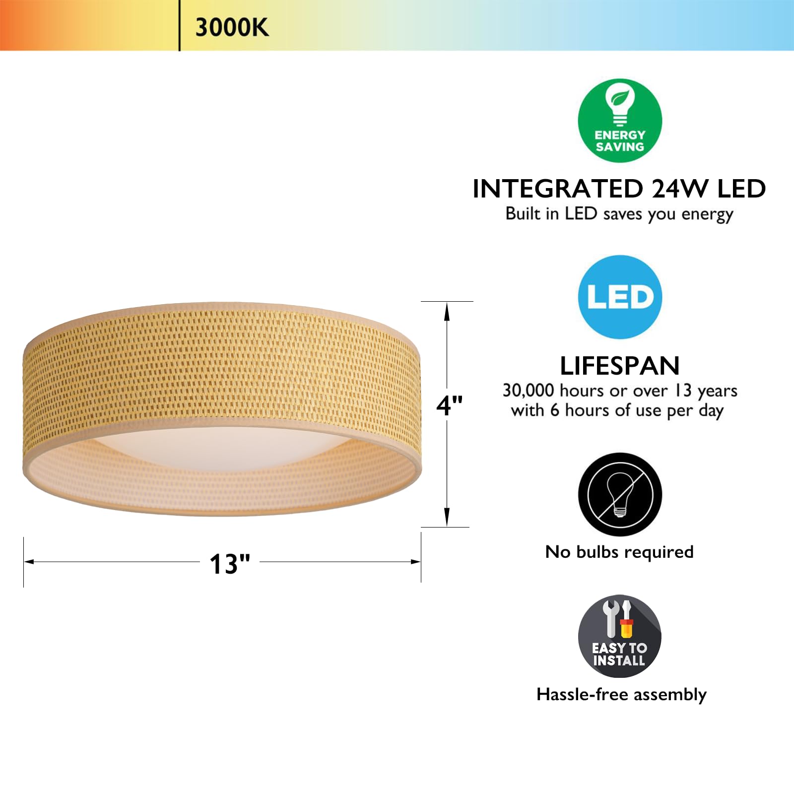 Calokes 13'' Woven Rattan-Style Boho Flush Mount Ceiling Light, Led 24W 3000K Closed To Ceiling Light Fixture With Classic Linen