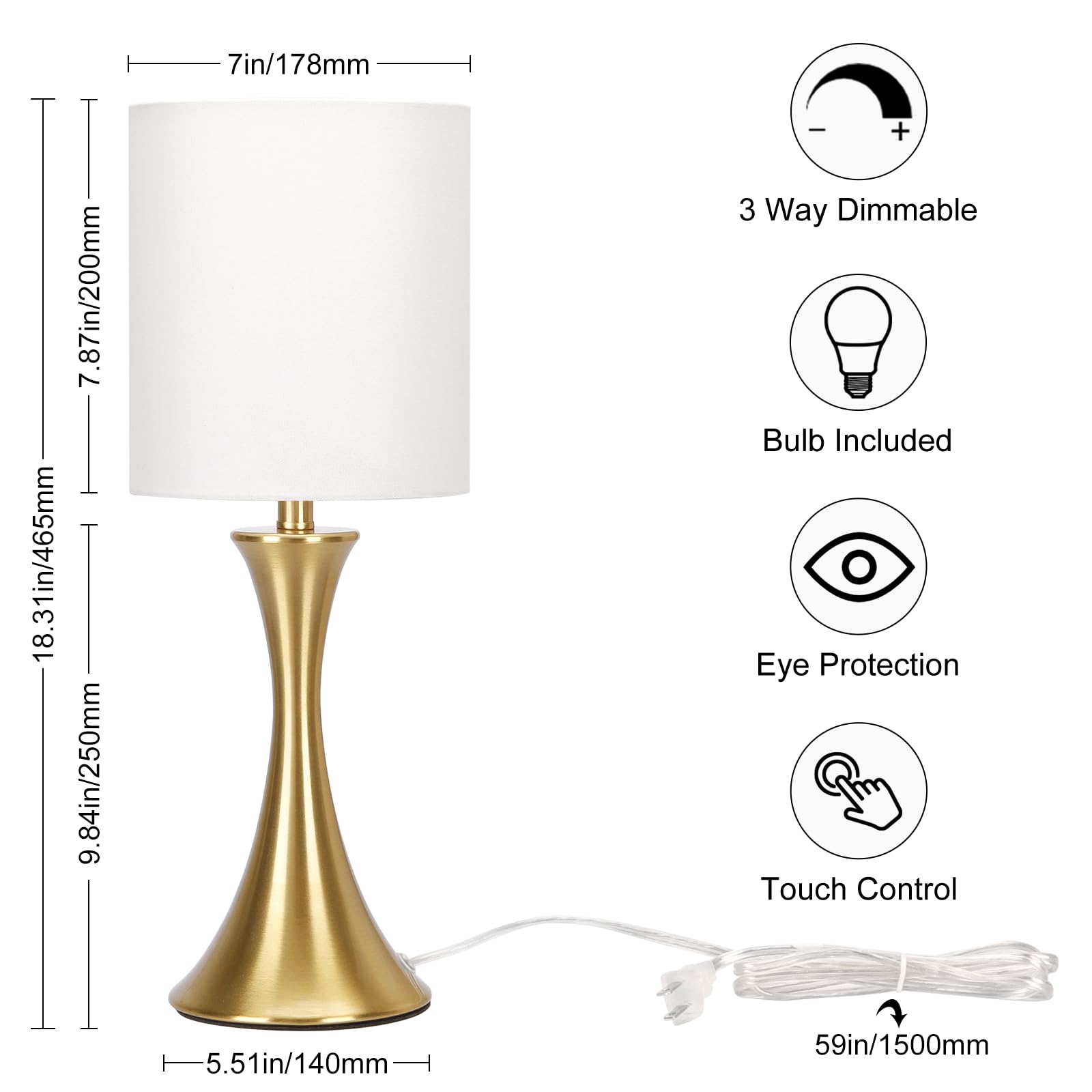 Gold Bedside Lamp Touch Control Table Lamp For Bedroom, 3-Way Dimmable Nightstand Lamp With White Shade, Modern Table Lamp For L