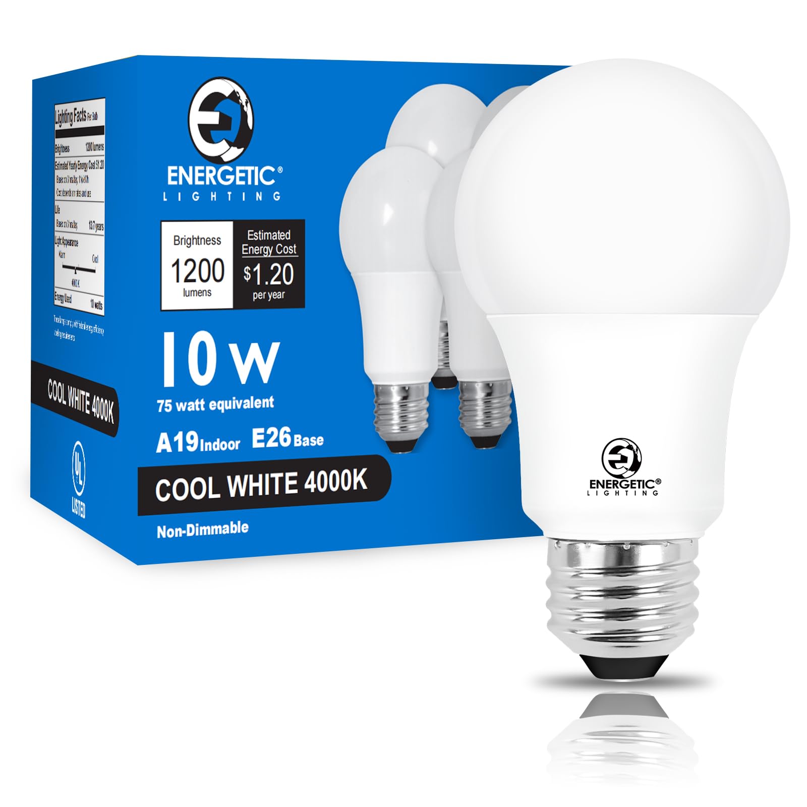 E Energetic Lighting 75 Watt Light Bulbs, Super Bright 1200Lm, Cool White 4000K Led Light Bulb, Non-Dimmable, E26 Standard Base,