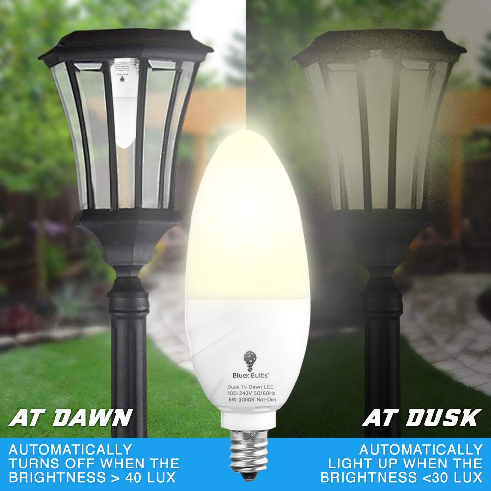Bluex Bulbs 6 Pack Dusk to Dawn LED Candelabra Bulbs, 6W E12 Base, 3000K Warm White, Glass