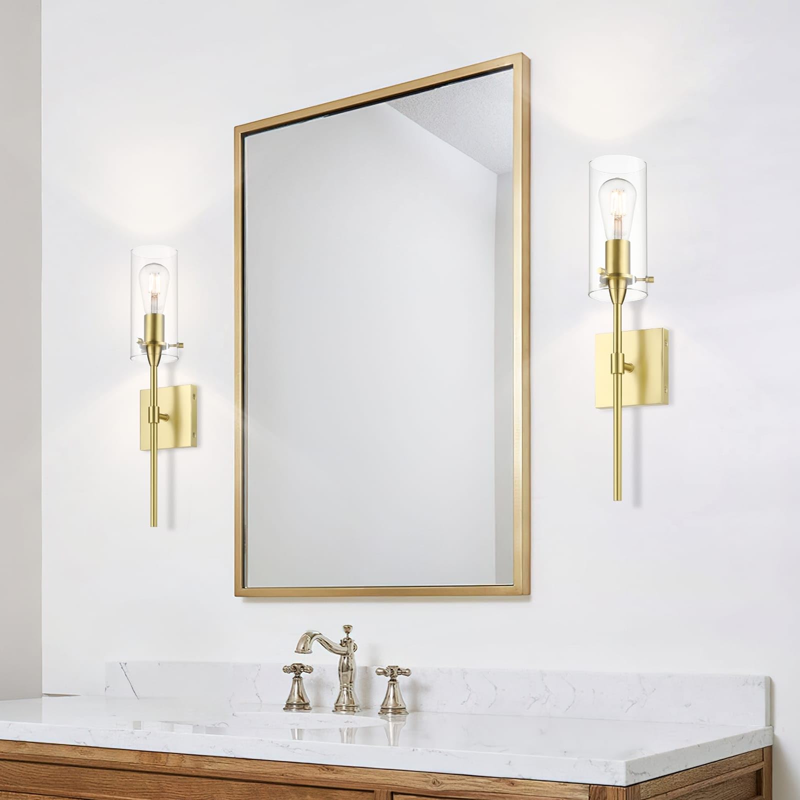 Xinbei Lighting Gold Wall Sconce Modern Single Bathroom Sconce Light With Clear Glass Brass Wall Light Fixtures For Vanity & Liv