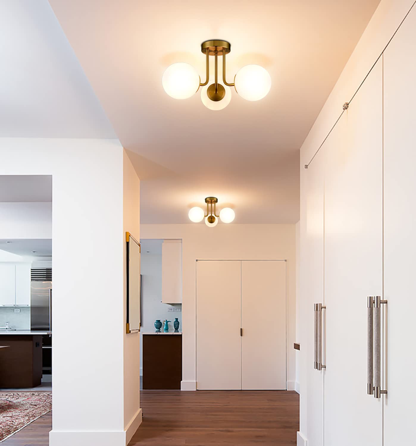 Shawnkey Modern Brass Gold 3-Light Semi Flush Mount Ceiling Light With White Glass Shade